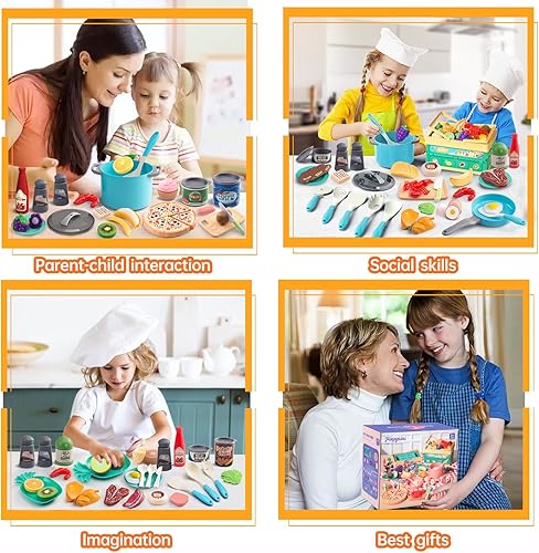 Miniatura 25 de Juego de cocina de 130 piezas, ollas de juego de cocina para niños, sartenes, utensilios de cocina, alimentos diarios, frutas y verduras, cesta