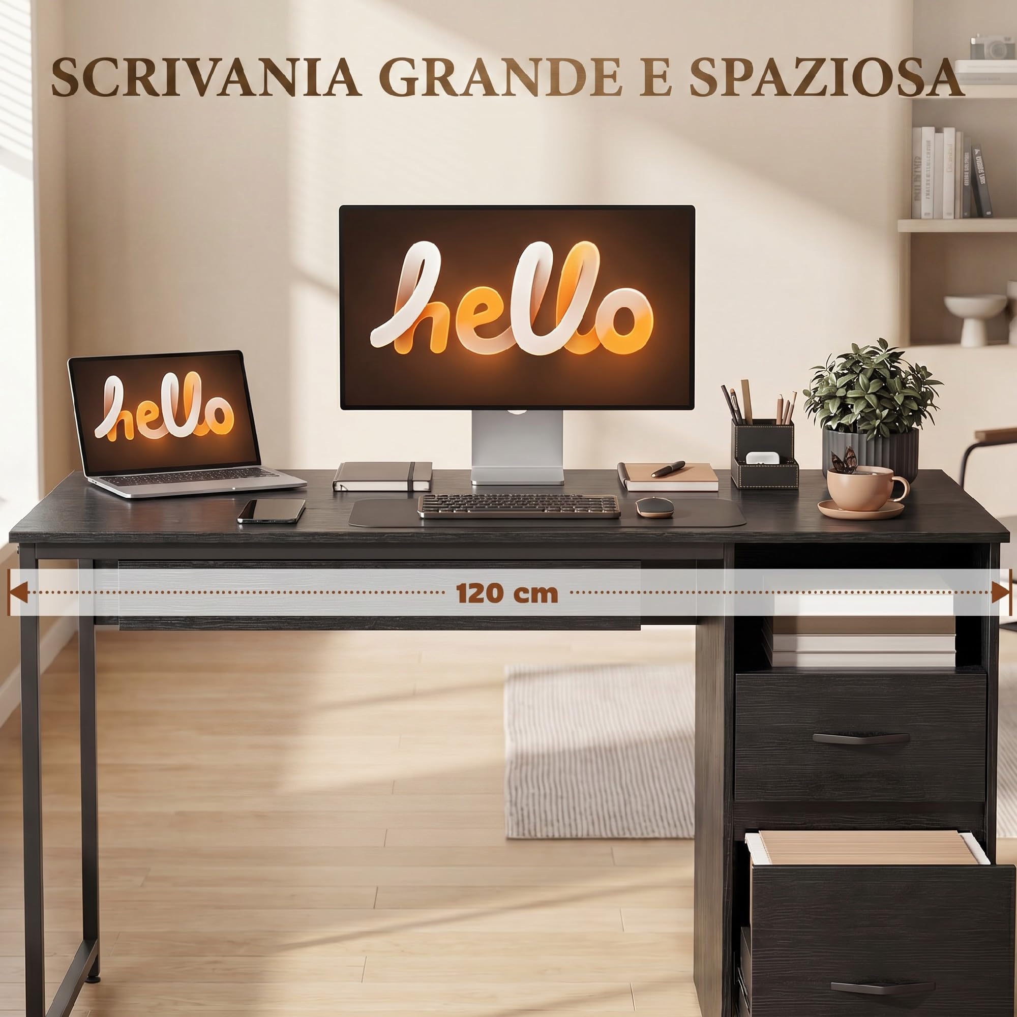 HOMCOM Scrivania Ufficio Salvaspazio con 2 Cassetti 120x52.3 cm Nero | per Documenti Formato A4 Lettera Legale, Vano Aperto, Vassoio per Tastiera, Tavolo Computer per Studio Casa Ufficio