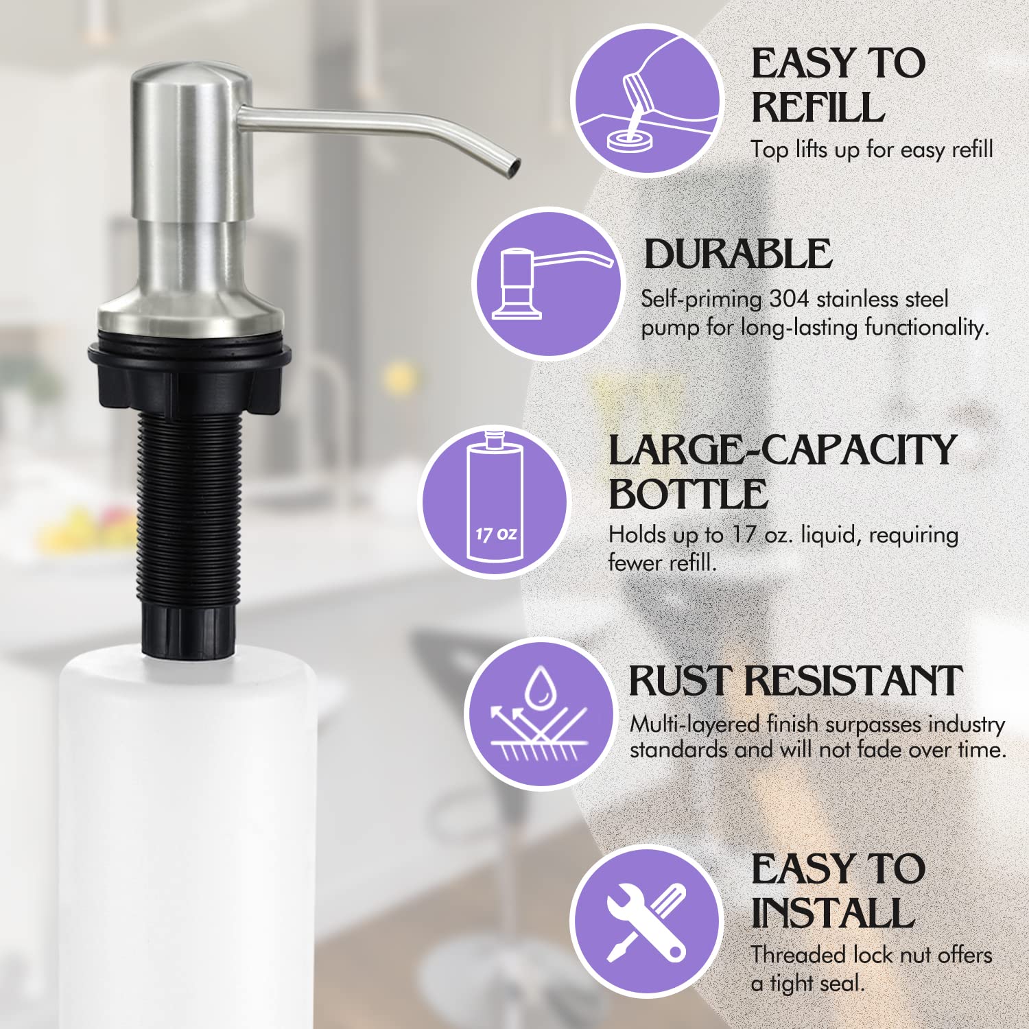 Dispensador de jabón integrado para fregadero de cocina, níquel cepillado, acero inoxidable, dispensador de jabón con capacidad grande F25-1BN de 17 onzas