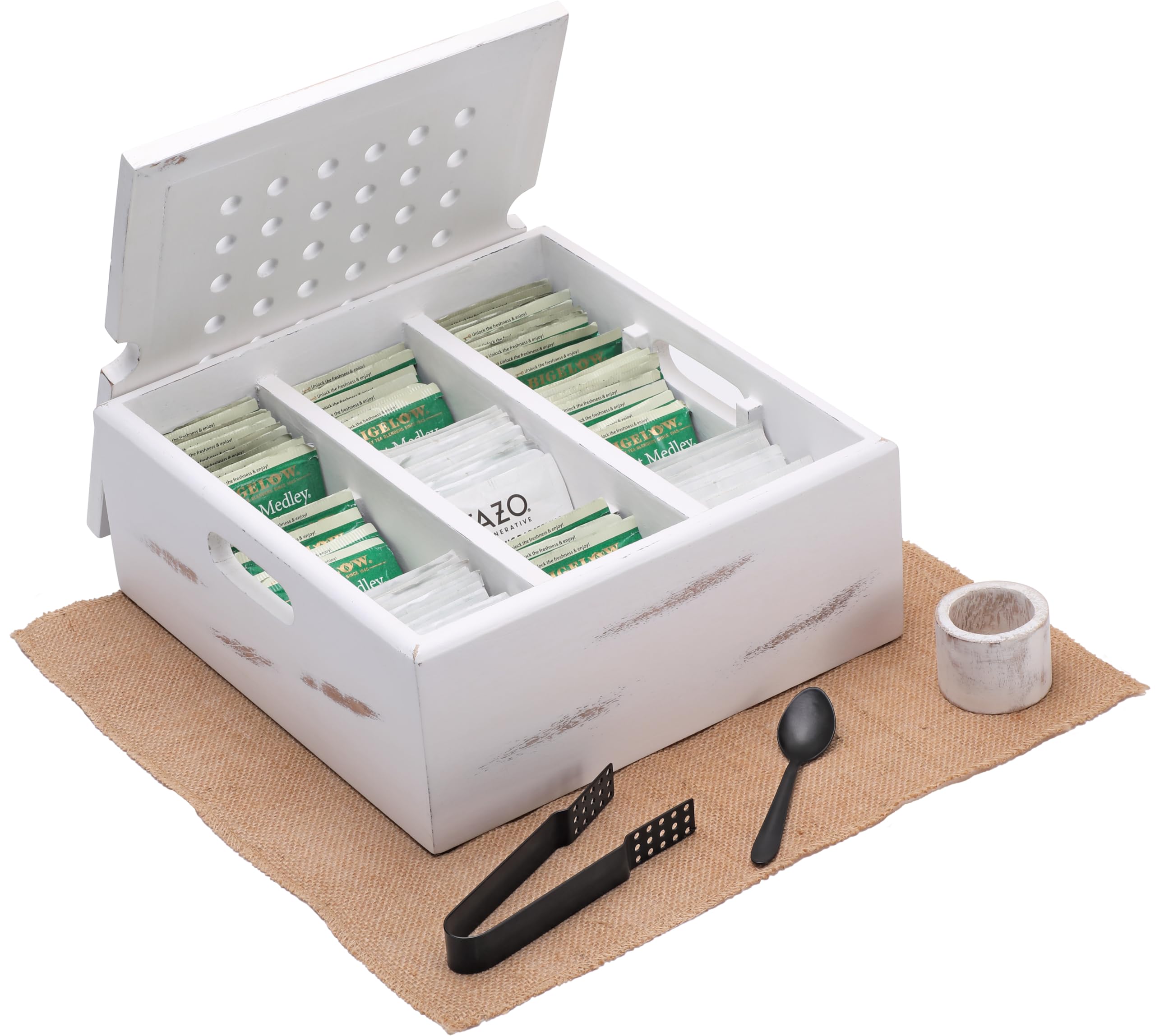 Wooden Tea Bag Organizer | Farmhouse Finish | 9-Compartment Storage | Countertop | Accessories: Tea Bag Squeezer, Natural Jute Placemat, Tea Spoon, Wooden Napkin Ring