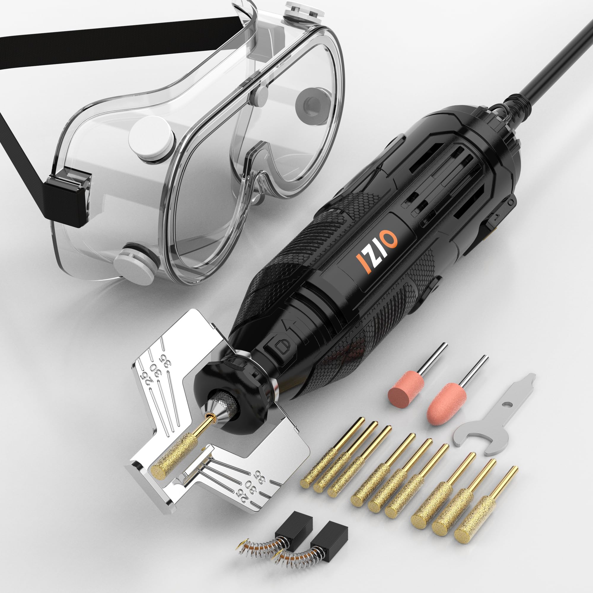 IZIO Kit de sacapuntas eléctrico de motosierra, herramienta afiladora de motosierra con piedras de molienda y gafas de seguridad, amoladora de cadena portátil para afilar dientes con precisión