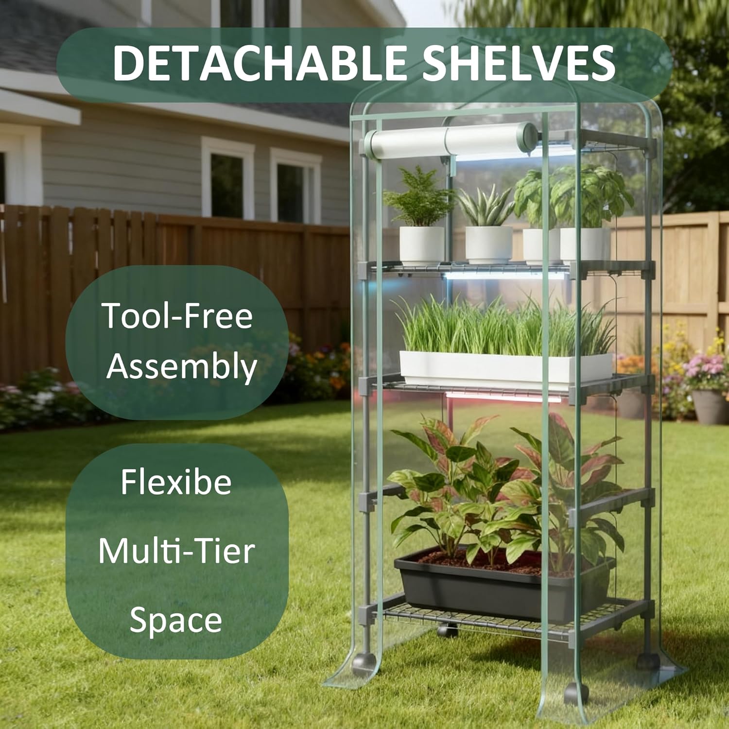 Mini Indoor Greenhouse with Grow Light - Portable Outdoor for Plants Green House Cabinet with Wheels, Tent Cover, 4 LED Lights with Dimmable 3 Color 36W, 4 Tier Gardening Shelves