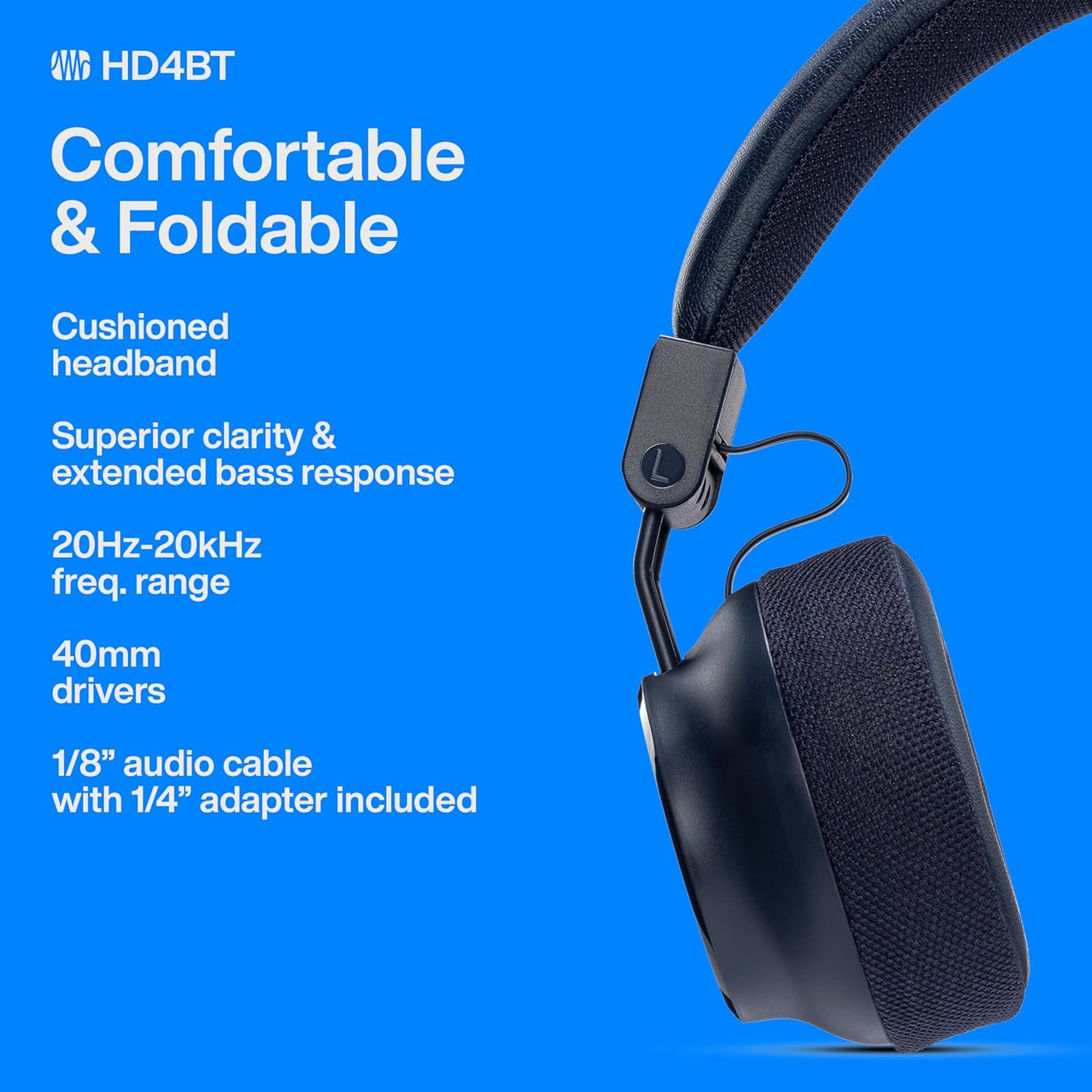 PreSonus Eris HD4BT — Over-Ear Closed-Back Wireless Headphones, Bluetooth, ANC Noise Cancelling, Up to 60 Hours Battery Life, Studio Headphones for Mixing, Monitoring, Recording, Midnight Blue