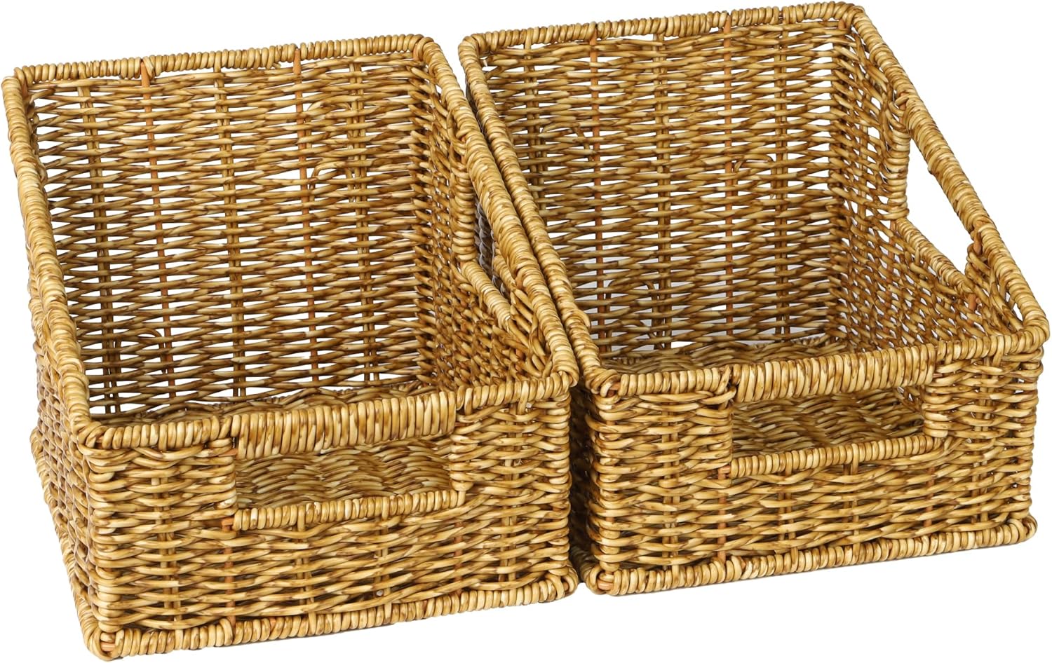 Pantry Baskets for Organizing, Waterproof Wicker Basket with Handles, Trapezoid Woven Baskets for Shelves，Bedroom, Laundry Room or Kitchen,Tan