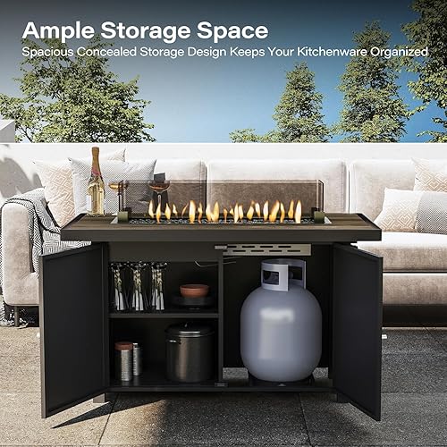 Miniatura 6 de LAUSAINT HOME Mesa para fogata de propano de 43 pulgadas con tapa, fogatas de gas de 55,000 BTU para patio exterior con protector de viento