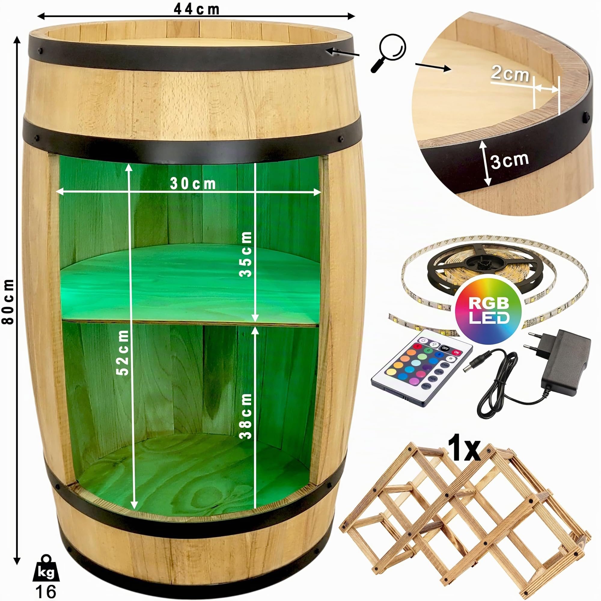 WEECO Barile in legno con portabottiglie con luci a LED RGB, Porta vino, Casa bar, Portabottiglie per whiskybar, regalo per uomo, Botte in legno per bottiglie di alcolici, Botte Di whisky Grappa 80cm