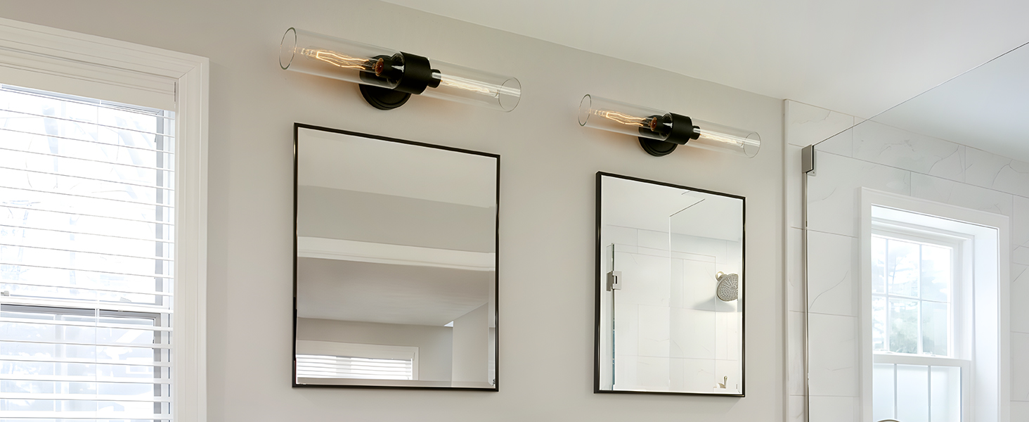 Image of Modern Wall Sconces Set of Two,Black Bathroom Vanity Light with Handblown Clear Glass Indoor Hardwired Wall Sconce Light for Bathroom Bedroom Living Room Hallway Stairway E26