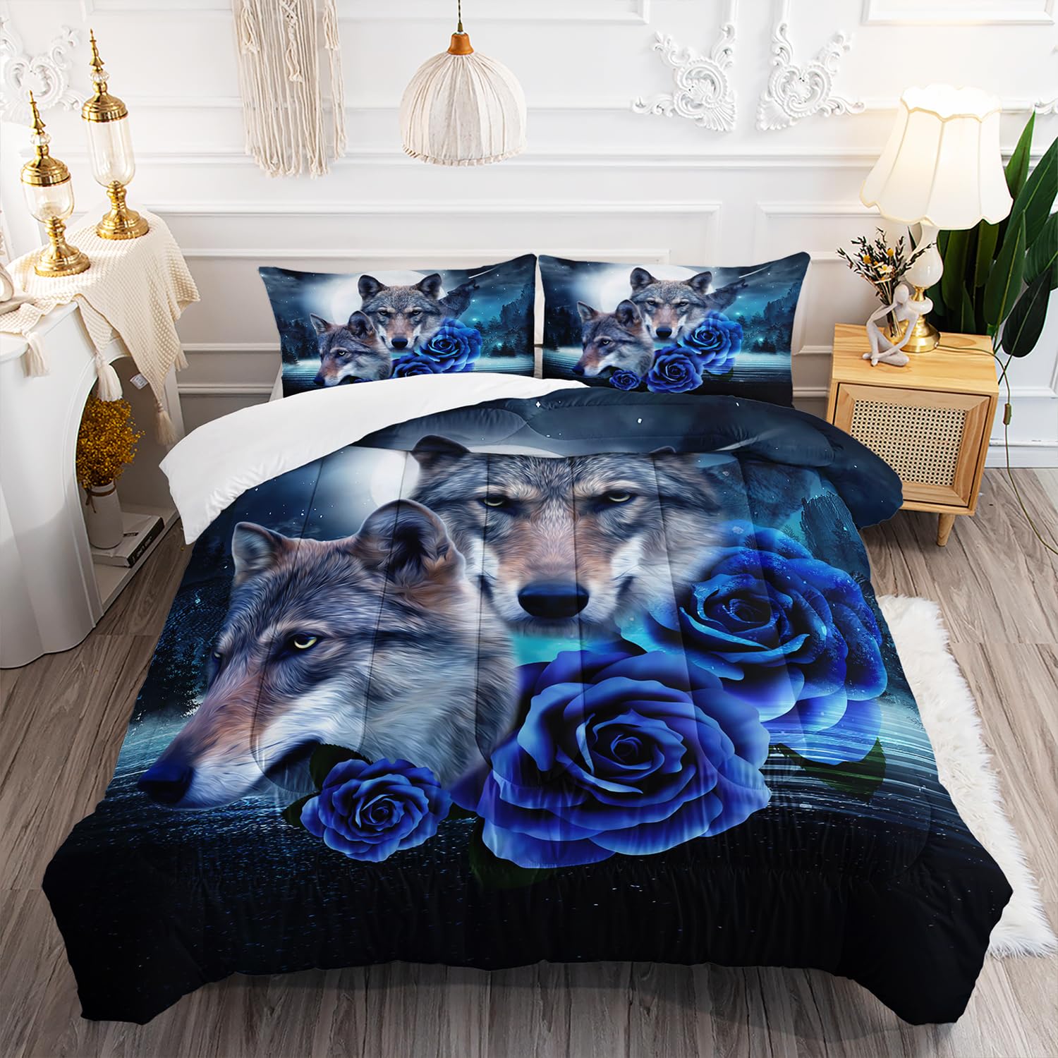 Howling Wolf Comforter Set Full Size,Blue Rose Wolf Bedding Sets,Wolf Head Pattern Comforter Set,Galaxy Moon Wolves Duvet Set 3 Pieces, 1 Quilt and 2 Pillowcases