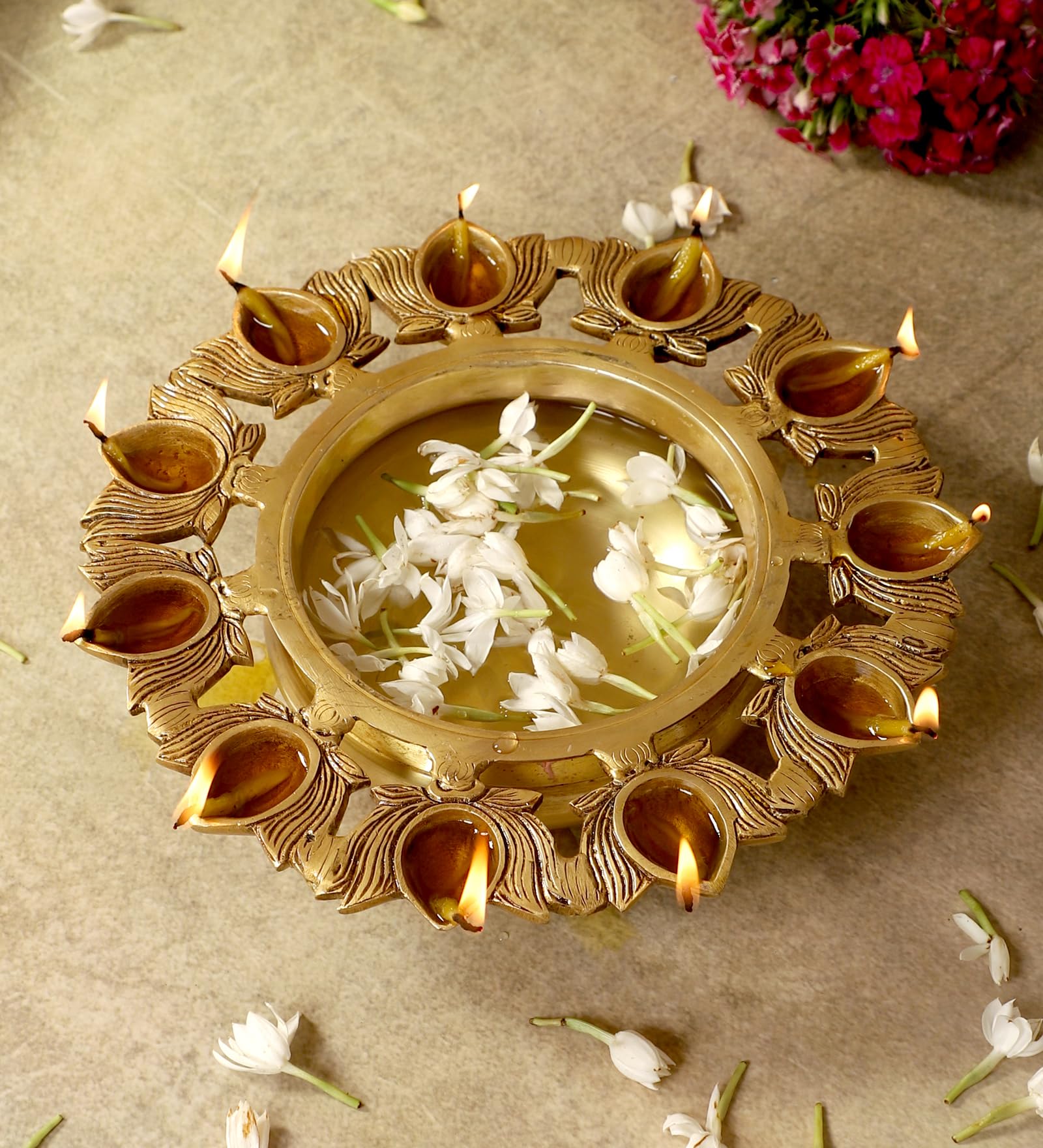 See full amazon price history chart for Two Moustaches 9.5 Inches Brass Urli Bowl with Lotus Design 11 Diyas, Urli for Flowers, Brass Urli for Home Decor, Brass Decorative Urli Bowl, Housewarming Gifts, Antique Yellow, Standard, Pack of 1 Two Moustaches 9.5 Inches Brass Urli Bowl with Lotus Design 11 Diyas, Urli for Flowers, Brass Urli for Home Decor, Brass Decorative Urli Bowl, Housewarming Gifts, Antique Yellow, Standard, Pack of 1 (B0CZCY28HS) Amazon Price History, Amazon Price Tracker