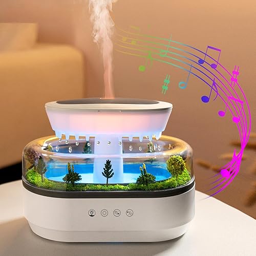 Humidificador de gotas de lluvia de 8.5 fl oz y difusor de aceite esencial, humidificador ultrasónico en forma de nube con sonidos relajantes de