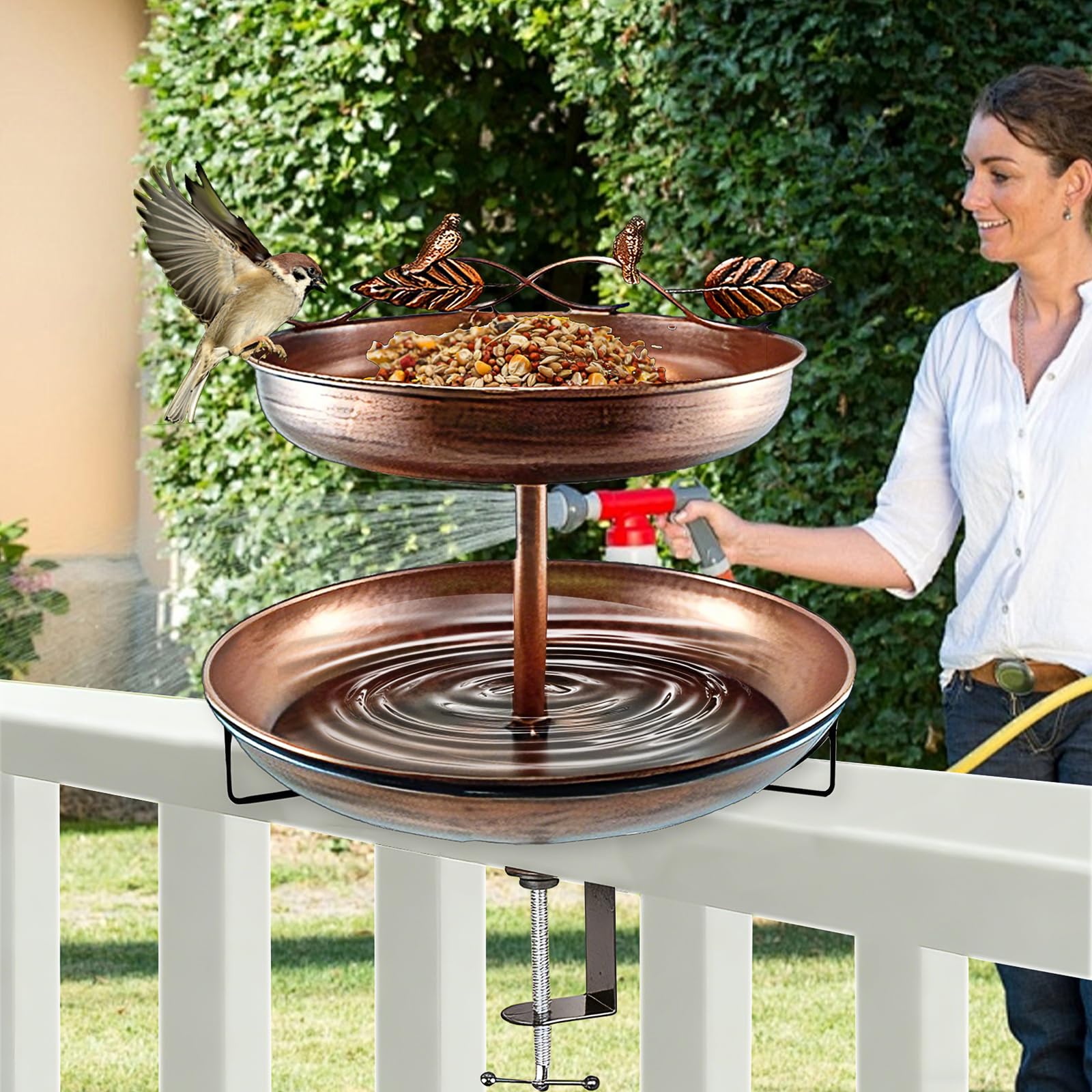 Vogeltränke Stehend, 2 In 1 Vogeltränke Hängend, Vogelbad für Draußen Garten, Vogelfutterspender Wassertränke, Frostsicher Winterfest, für Balkone, Innenhof, Garten, Terrasse (Vintage-Kupfer)