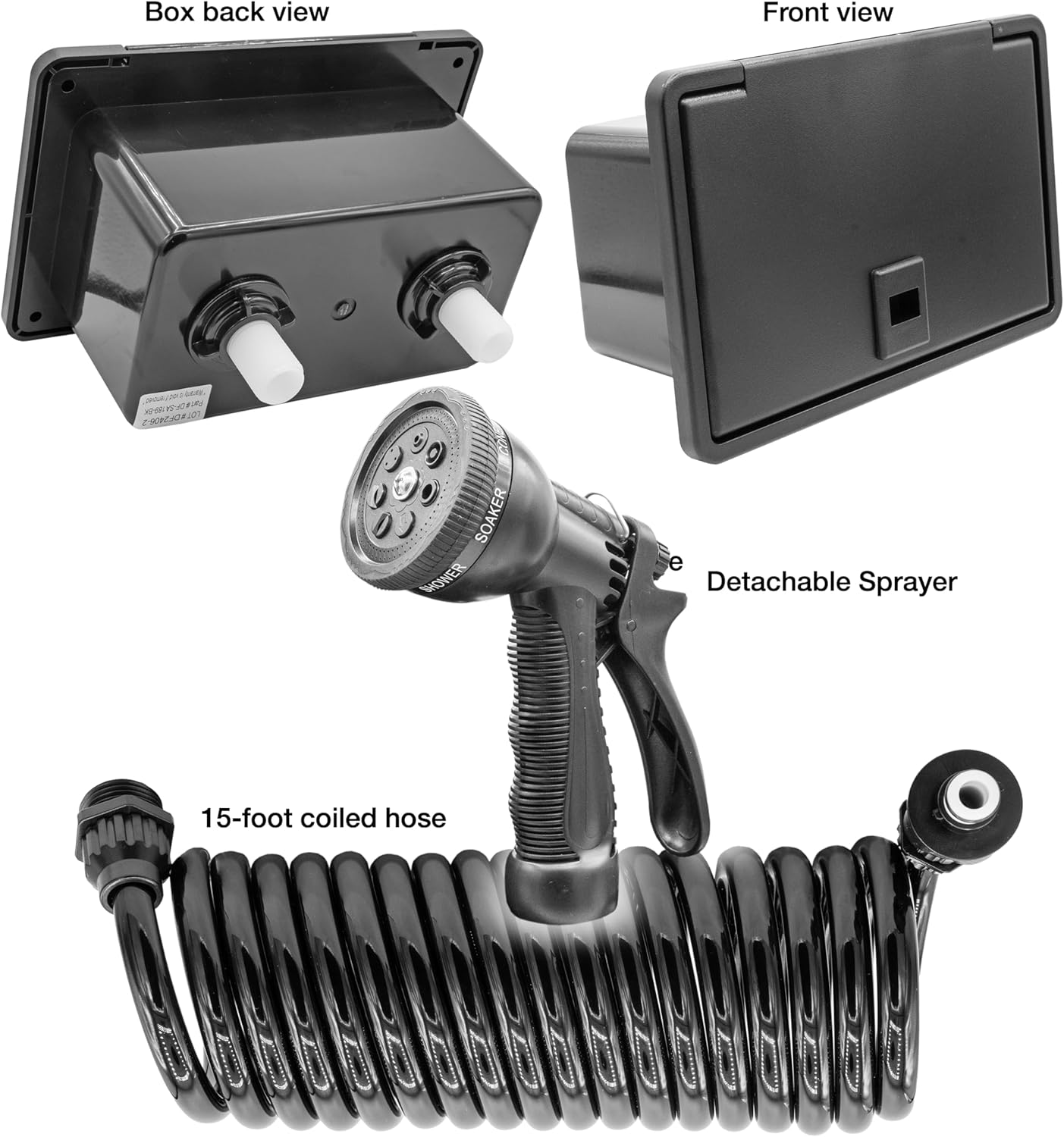 Black Wall Mounted RV Exterior Spray Port Kit with Multi-Spray Hose