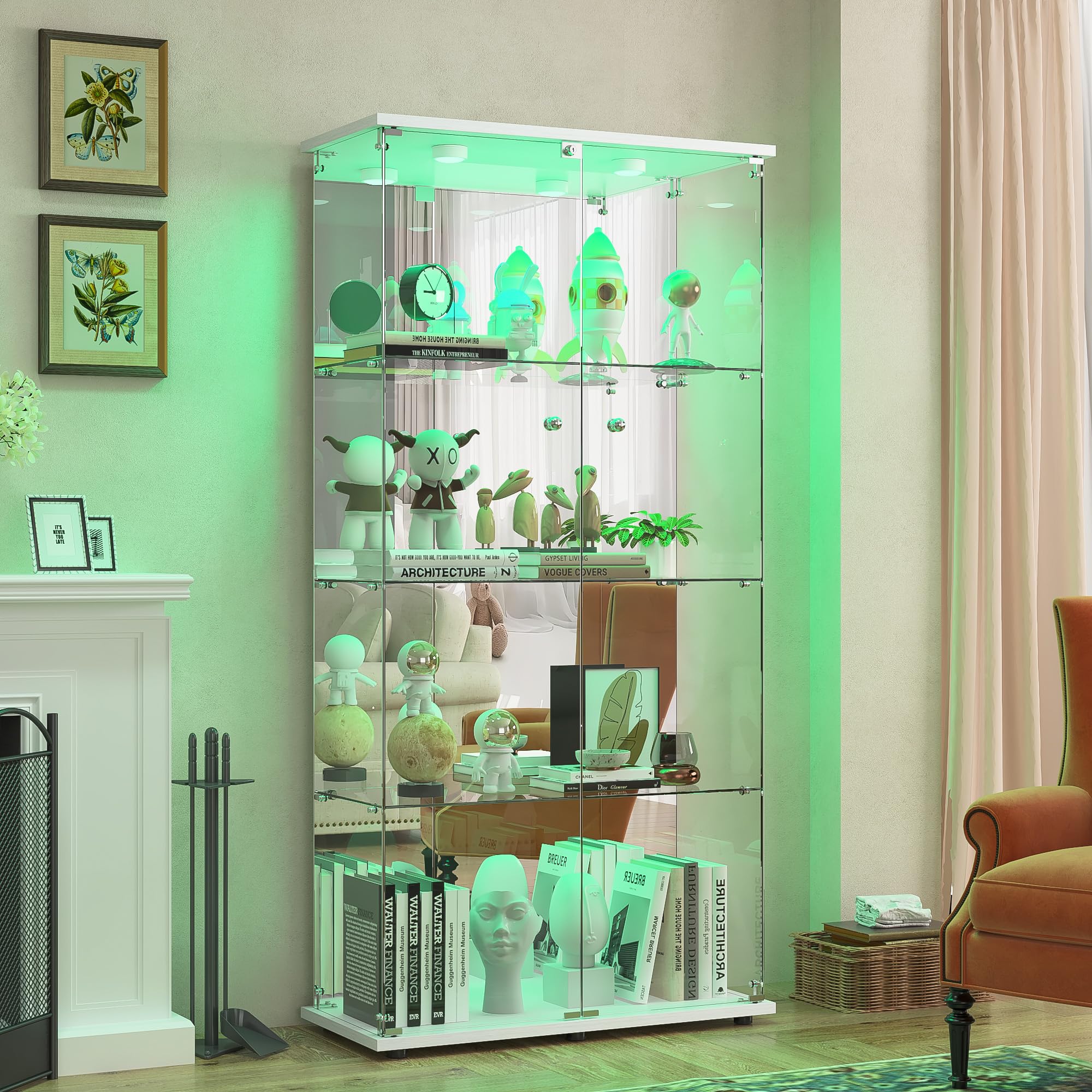Vetrina in vetro con LED, armadio vetrina da collezione, 2 ante a serratura, 4 ripiani e fondo specchio, 164 x 80,5 x 36,5 cm, bianco