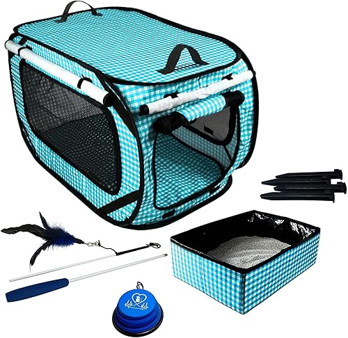 Pet Fit For Life Condominio de viaje plegable extragrande (32 x 19 x 19 pulgadas) para gatos con caja de arena de viaje para gatos y juguete de