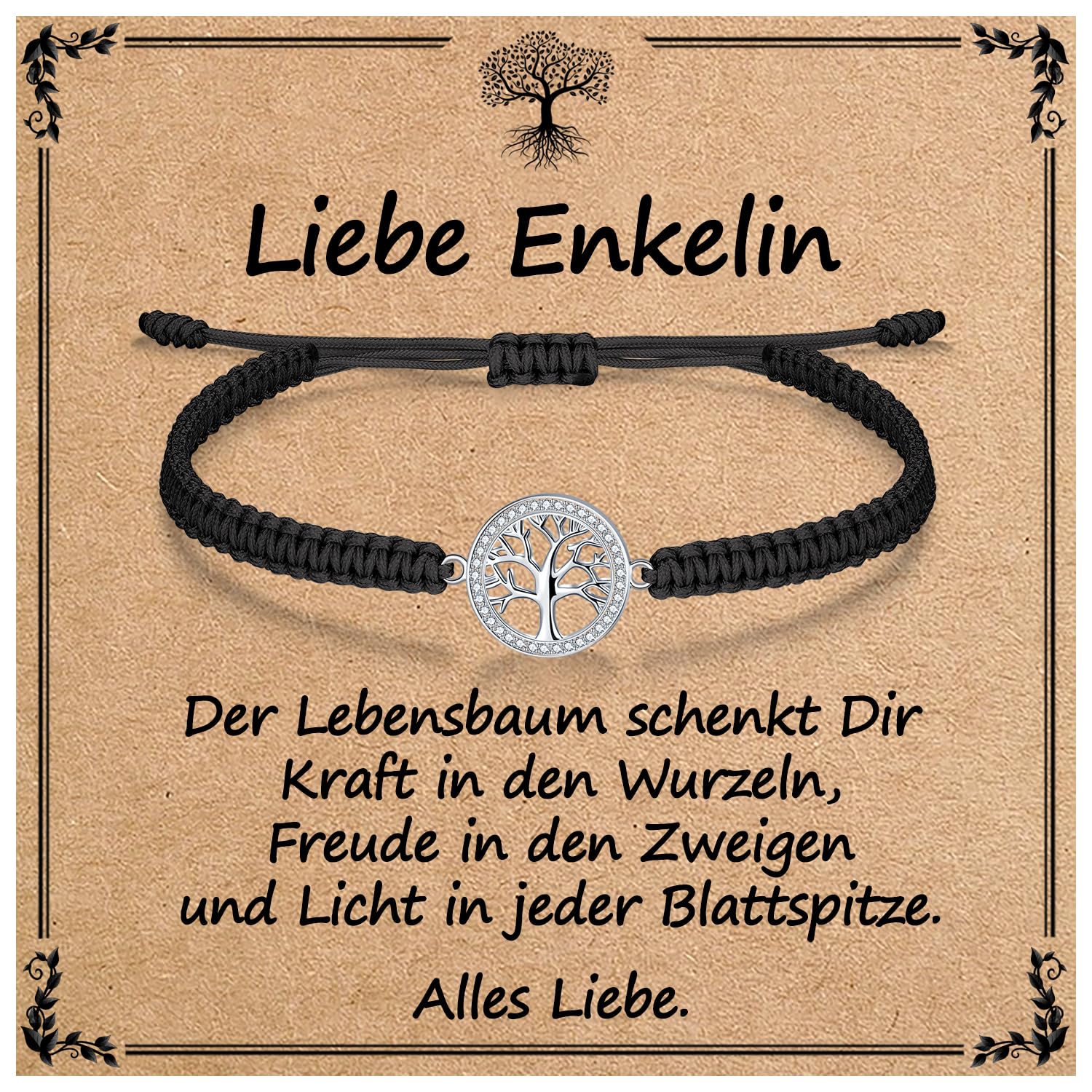 J.Endéar Lebensbaum Armband für Frauen Mädchen Geschenk mit Segenskarte | 925 Sterling Silber, Cubic Zirkonia & Geflochtene Kordel | Geschenk für Geburtstags, Weihnachtstag, Motivations