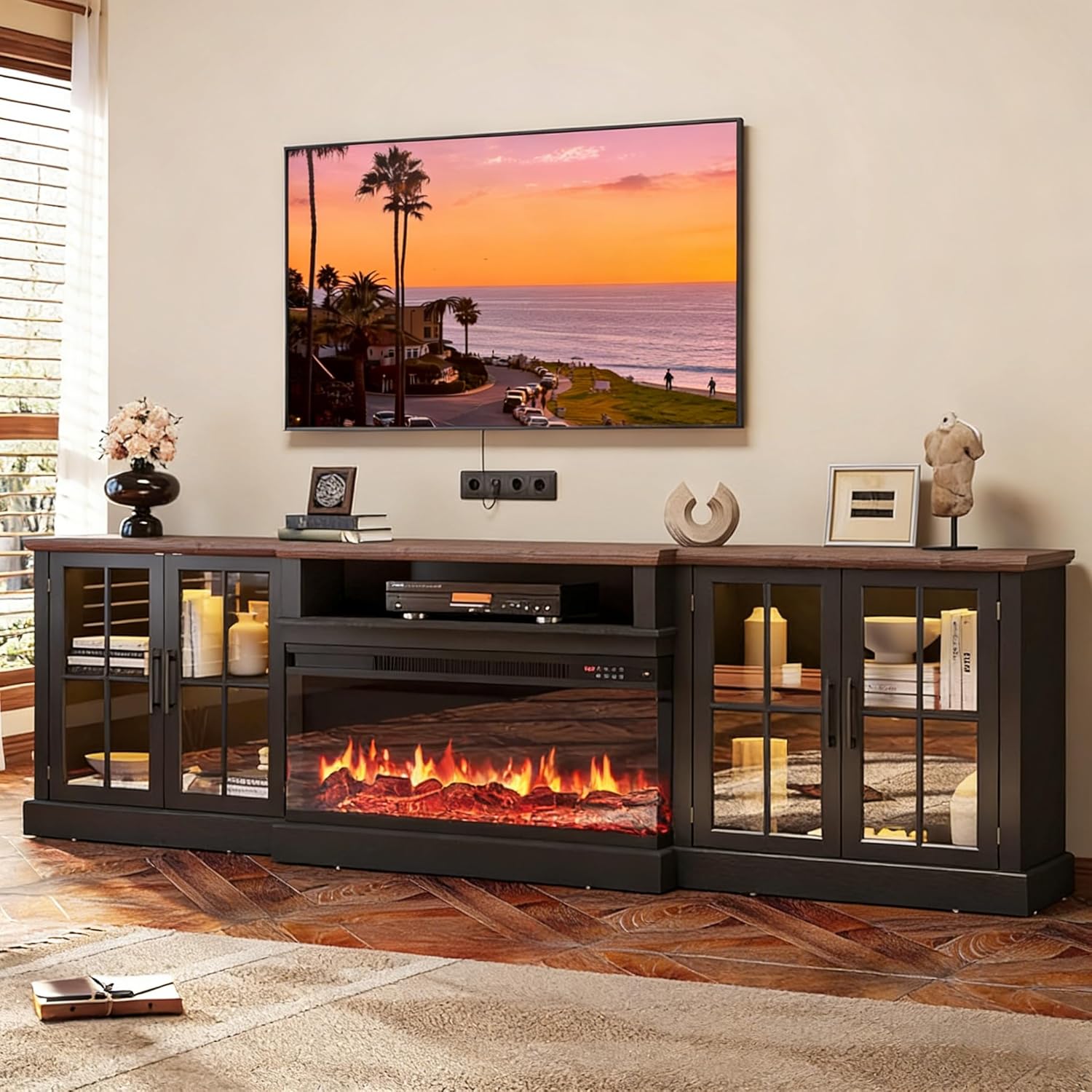 98" Farmhouse TV Stand with 36" Fireplace for Living Room,Media Entertainment Center with Adjustable Shelves and Large Storage Cabinets, TVs up to 100", Black