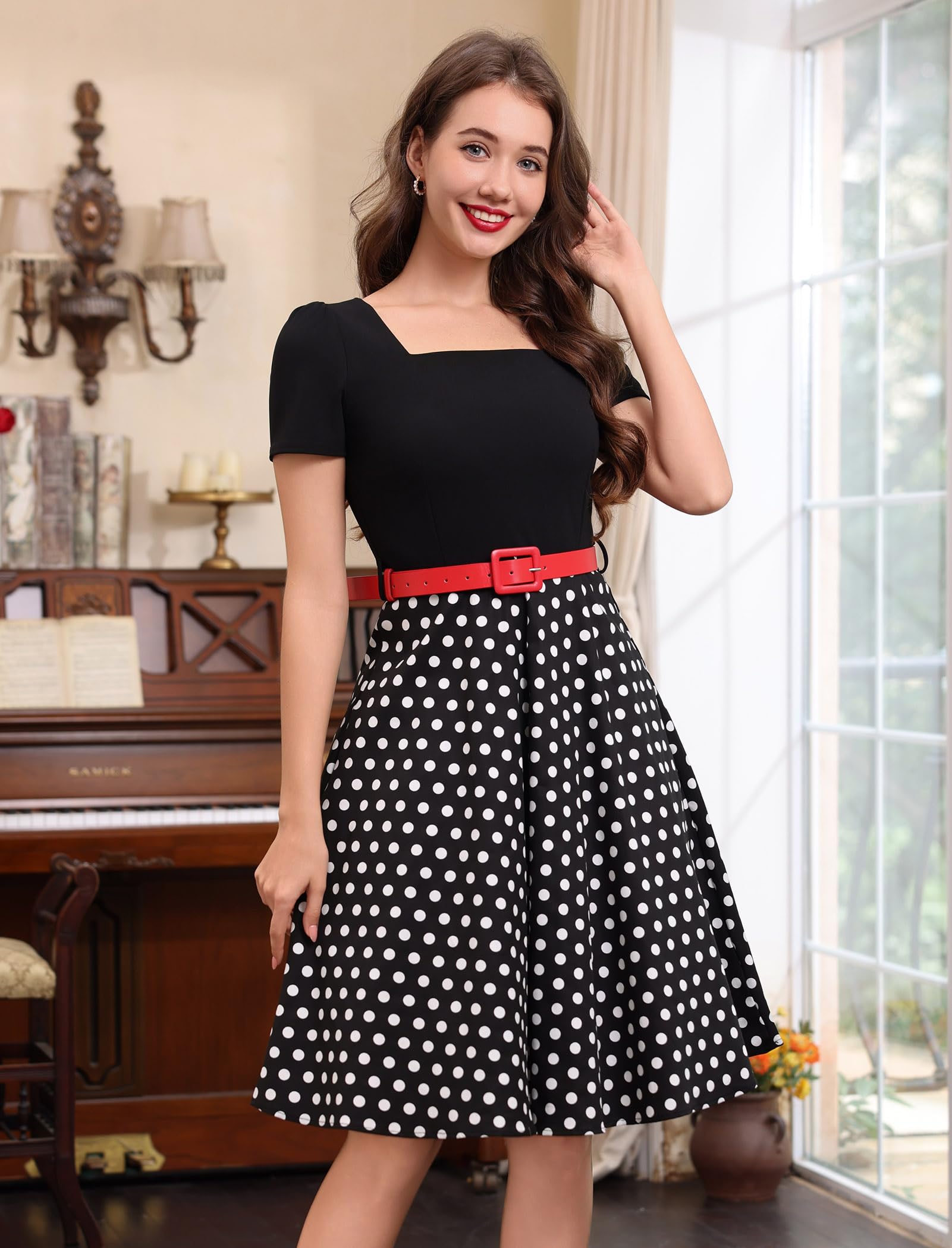 Abito da donna vintage anni '50, stile rockabilly, retrò, anni '50, motivo floreale a pois, Audrey Hepburn, per tea party, cocktail party, con cintura