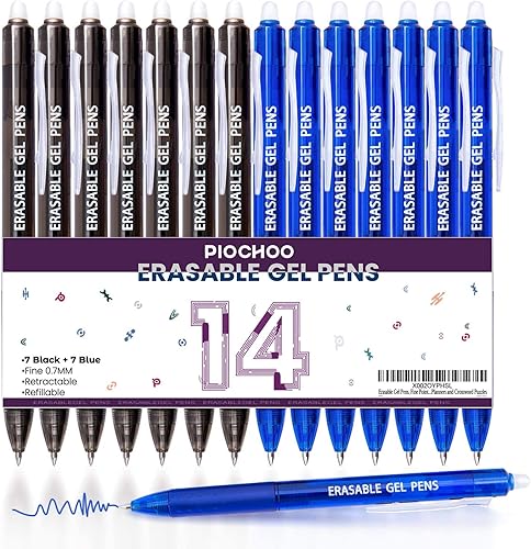 Bolígrafos de gel borrables de 14 colores, punta fina, bolígrafos retráctiles, 7 negro7 tintas azules, bolígrafos borrables para planificadores y