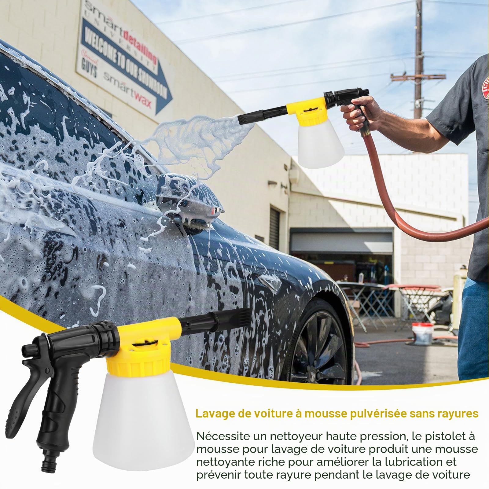 Pistolet à mousse multifonction pour voiture 900 ml Pistolet à mousse réglable professionnel pour voiture, moto, jardin Outil de lavage Tuyau