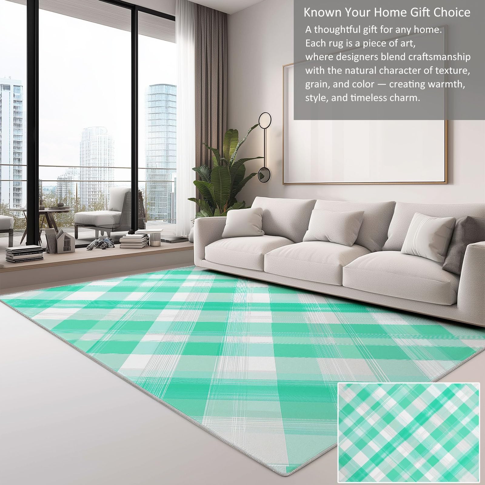 Dywan można prać w pralce 140 x 200 cm Sztuka współczesna, antypoślizgowy krótki włos - Mięta zielony dywan z nadrukiem w kratkę do salonu sypialni kuchni przedpokoju i biura