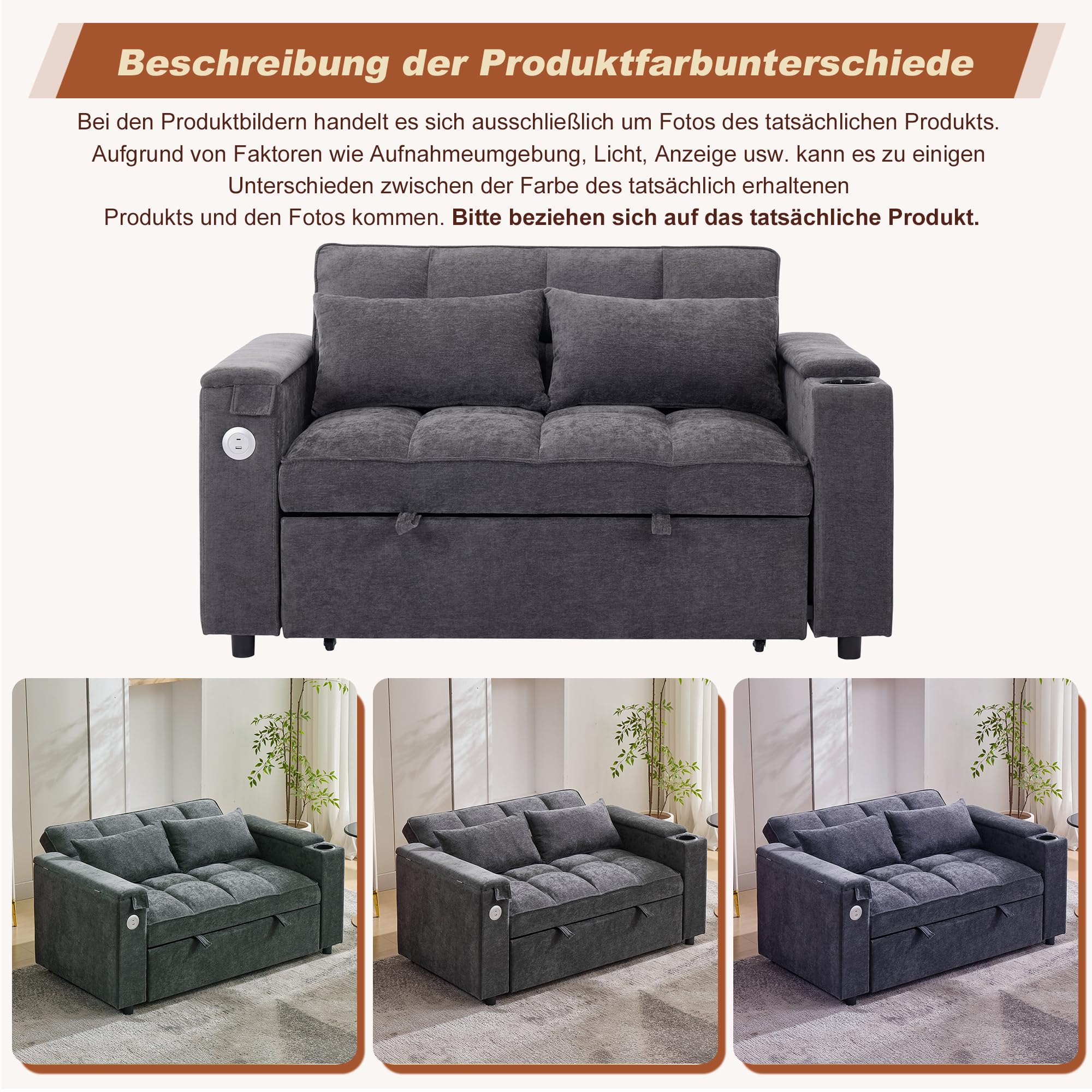 Merax Schlafsofa 3-in-1 Ausziehsofa 140x74x82 cm, 2-Sitzer Sofa mit Schlaffunktion, verstellbare Rückenlehne, USB & Typ-C, Daybed mit Getränkehalter und Stauraum, Ausziehbares Loungesofa Grau