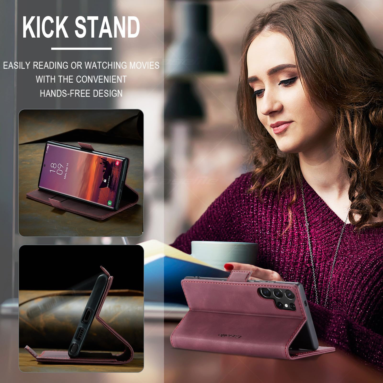 Azororo Cover per Samsung Galaxy S25 Ultra 5G, Premium PU Pelle Custodia, Magnetica Carta Fessura Portafoglio Case, Flip Cavalletto Custodia per Samsung Galaxy S25 Ultra- Vino Rosso