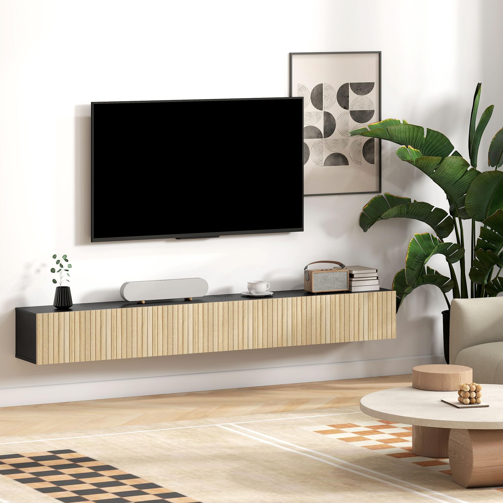 HOMCOM Meuble TV Suspendu Flottant 140 cm, Meuble télé pour téléviseur jusqu'à 72 Pouces avec 2 Portes cannelées rabattables, Banc TV Mural pour Salon, Chambre à Coucher, Bois Naturel et Noir