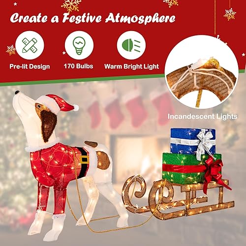 Miniatura 6 de Tangkula Perro de Navidad iluminado con trineo y cajas de regalo, decoraciones navideñas iluminadas para interiores, decoración navideña