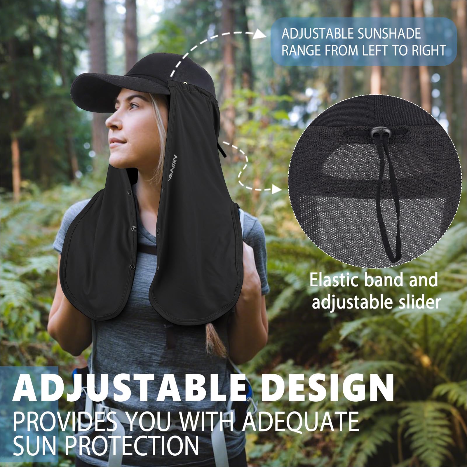 YANIKY Sombrero de sol ajustable UV, protección para el cuello, 2 en 1, protección solar, transpirable, protección UV, como accesorio para gorra de base, ideal para actividades al aire libre de verano