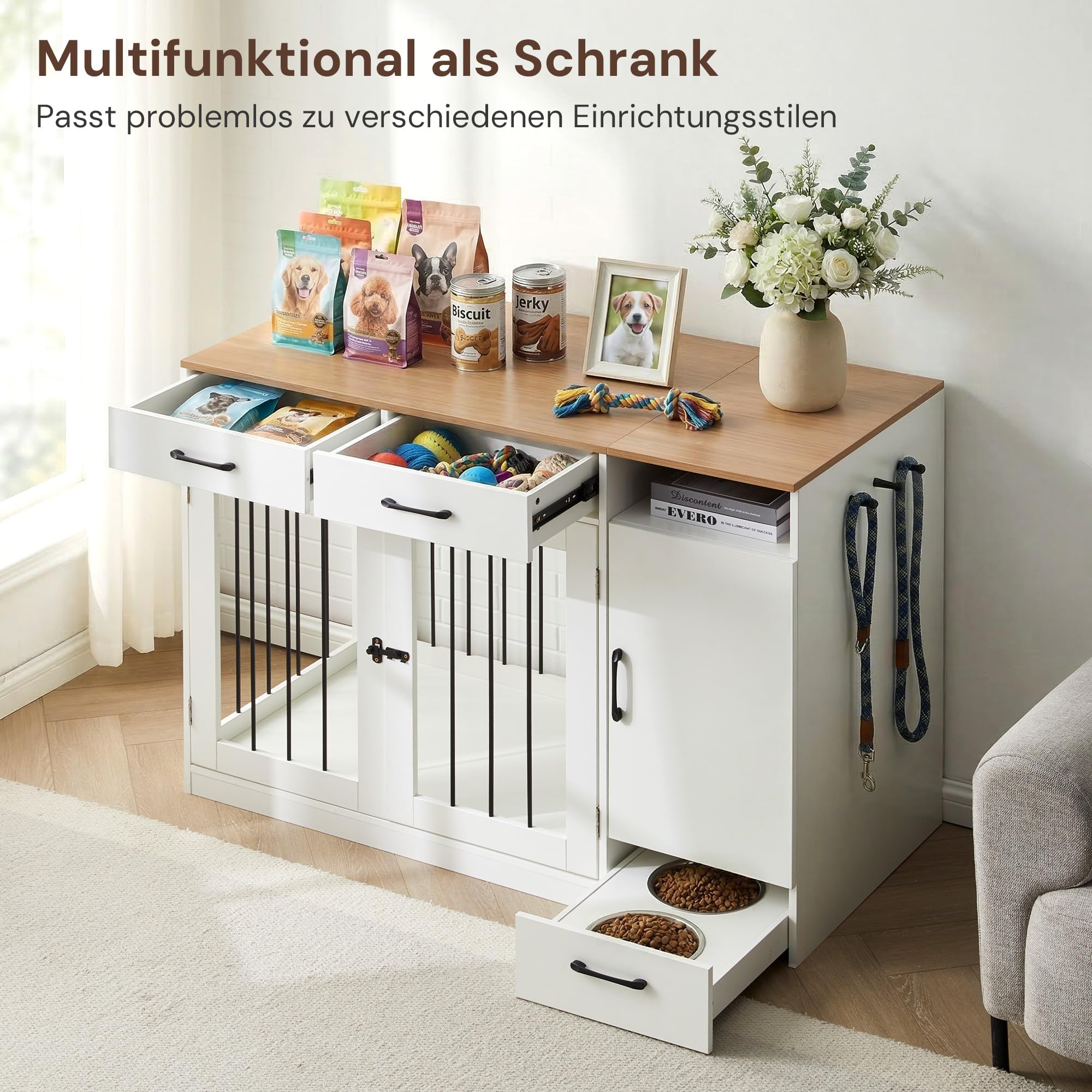 CLIPOP Hundekäfig Möbel, hundebox für zuhause, 125x60x88cm, Abschließbare Hundehütte, Moderne hundebox Holz Indoor, mit Schublade und Hundenapf, Vintagebraun und Weiß