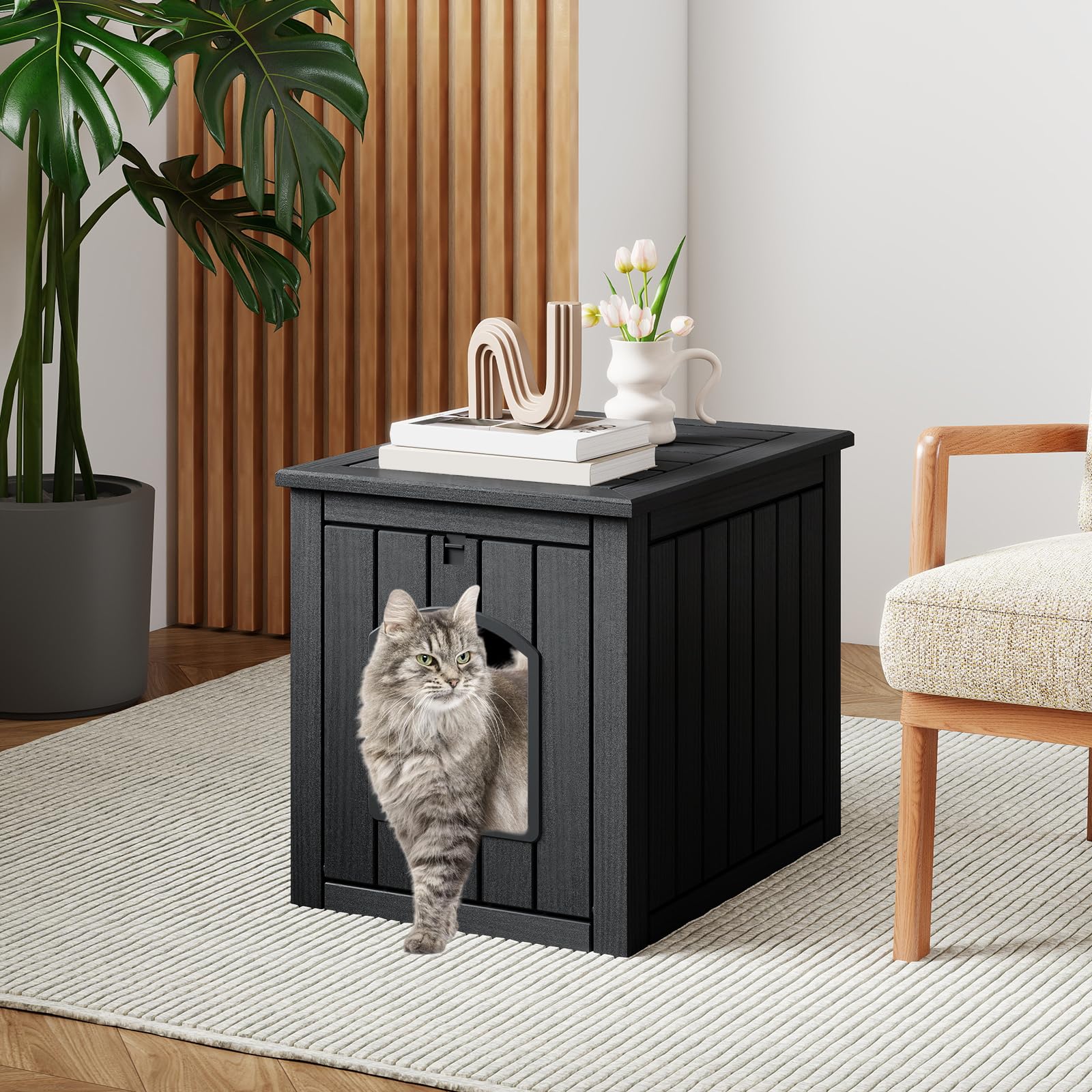 COSTWAY Maison pour Chat Interieur Exterieur en PP, Porte à Battant, 4 en 1 Meuble Litiere Chat, Verrouillage de Sécurité, Base Surélevée, Niche pour Chaton Chien Lapin, 60 x 47 x 54,5 cm (Noir)