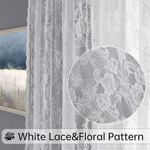 Miniatura 5 de WUBODTI Cortinas blancas transparentes de encaje para dormitorio de 63 pulgadas de largo, 2 paneles, cortinas bordadas con estampado floral de rosas