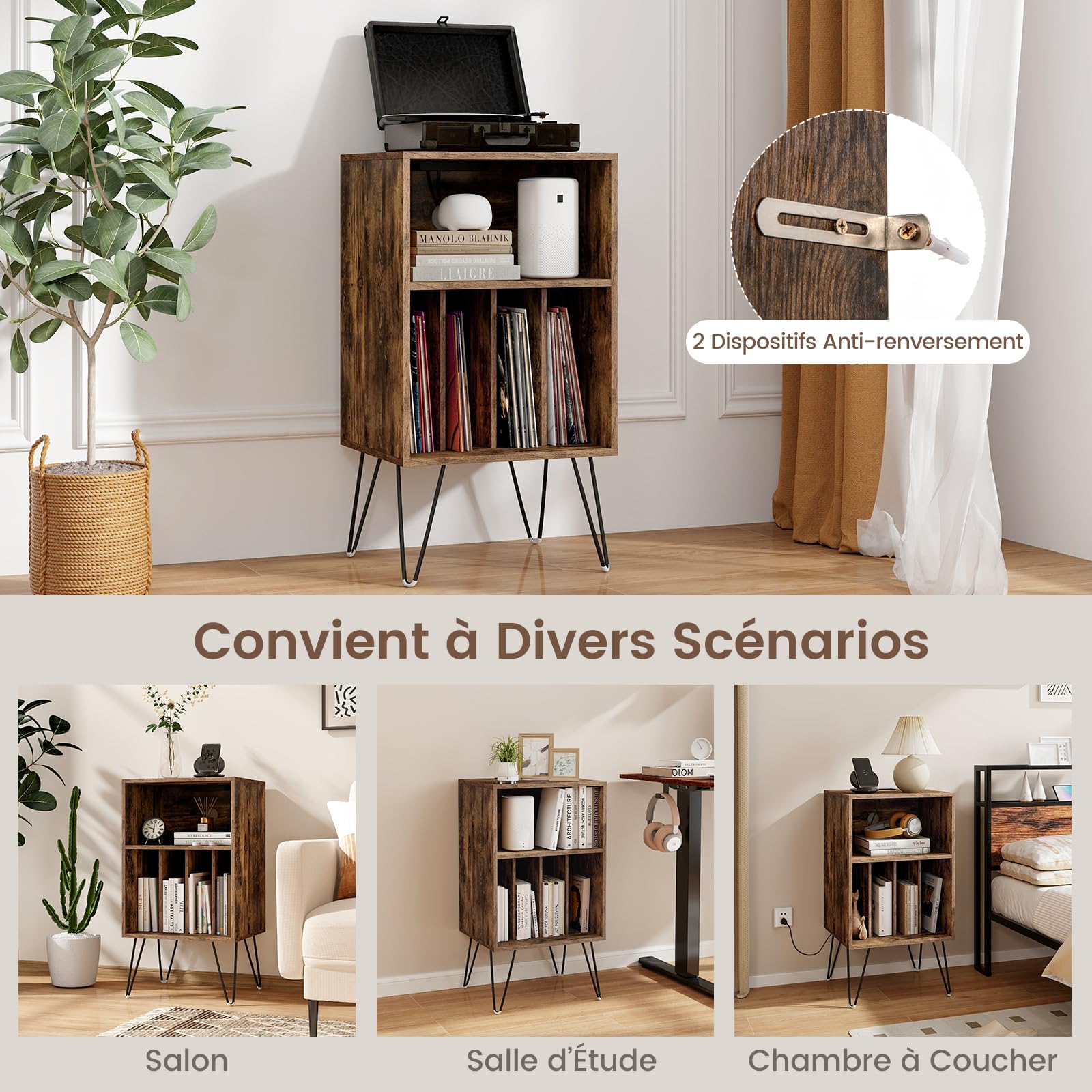 GIANTEX Support Tourne-Disque Vinyle à 3 Niveaux, Table d'Appoint avec Station de Charge, USB Type C, 2 Prises, Meuble Tourne-Disque avec Pieds en Métal, 48 x 40 x 88 CM (Marron Routique)
