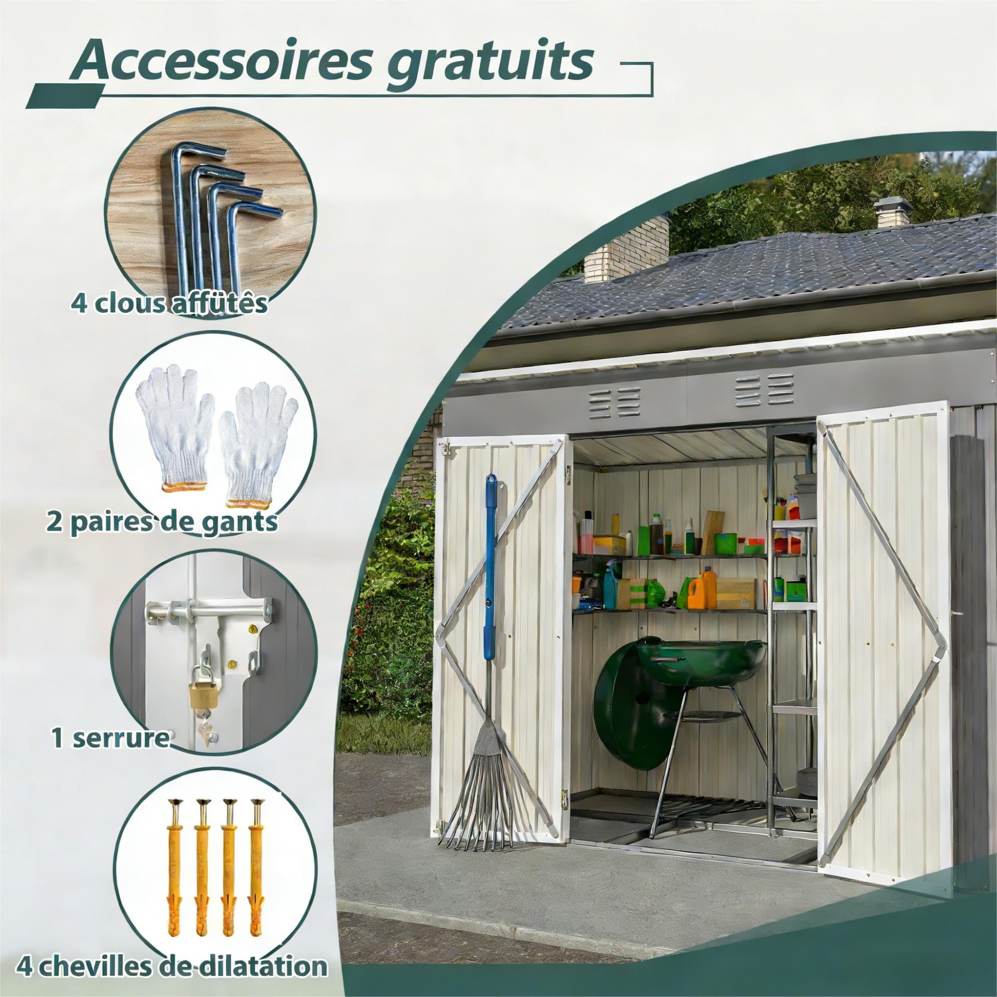 Abri de jardin gris 229 x 111 x 182 cm, en métal, compact, avec fondation, résistant aux intempéries avec serrure, pour terrasse, balcon, jardin