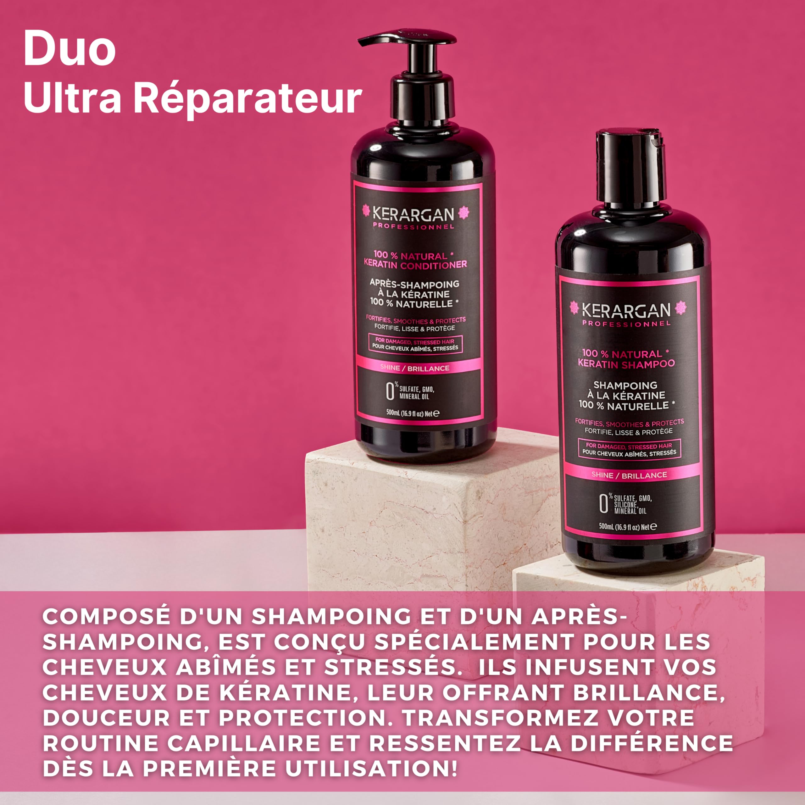 Kerargan - Duo Ultra Réparateur Shampoing & Après-shampoing à la Kératine pour Cheveux Abîmés et Stressés - Fortifie, Lisse & Protège - Sans Sulfate, OGM, Silicone - 2x500 ml