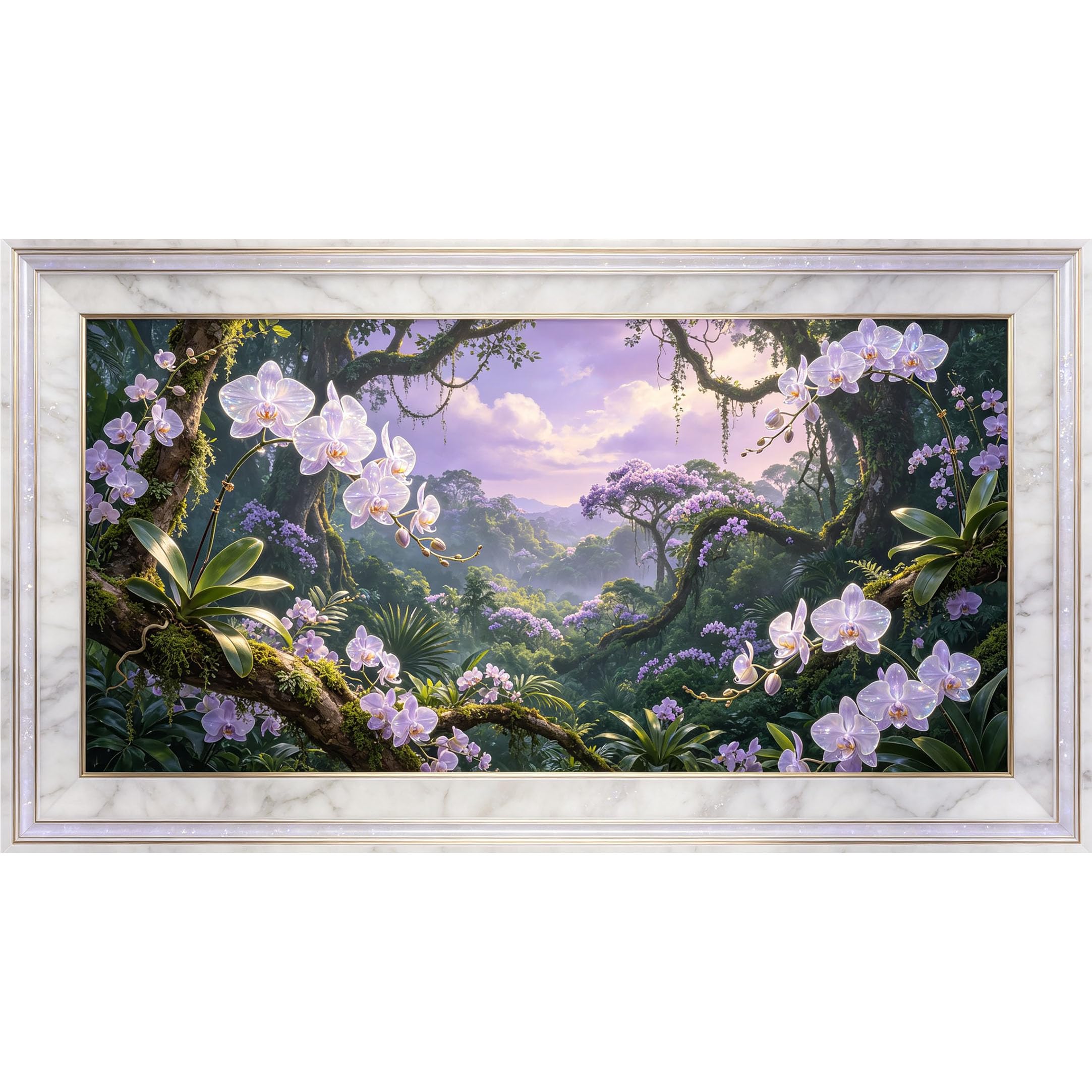 QZLITHOTIC 50x90cm3D Framed Wall Art， Tropical Orchid Forest Landscape Self‑Adhesive Mural， Water‑Activated Peel & Stick Fabric Decor Wall Decal for Bedroom Living Room