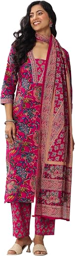 Libas Women Printed Cotton Straight Kurta Set With Trousers and Dupatta