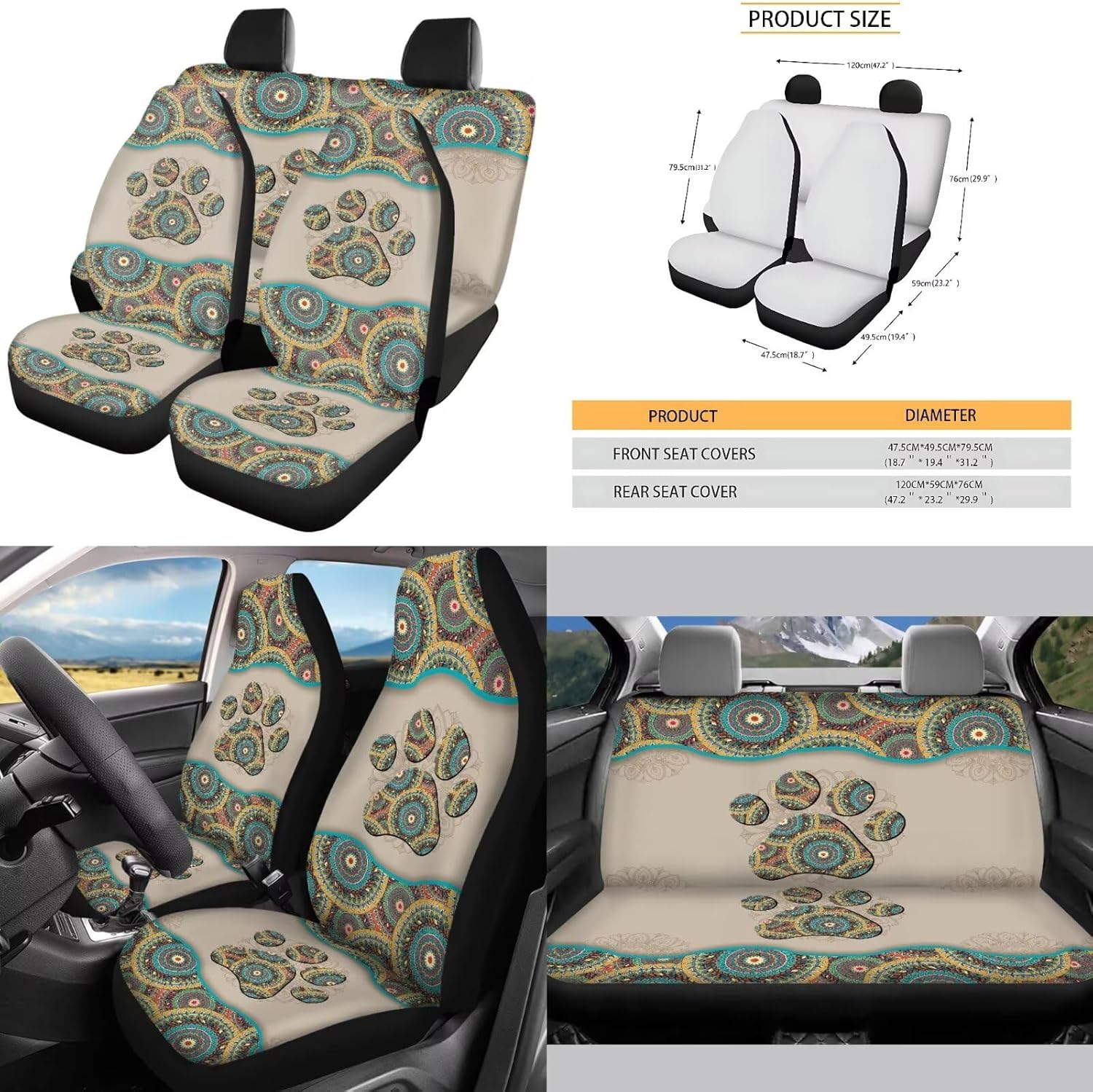 Green Mandala Dog Paws Print Car Seat Cover Full Set,Universal Steering Wheel Cover/Armrest Cover/Seatbelt Covers/Coasters/Handbrake Cover Fit for SUV,Truck,Sedan