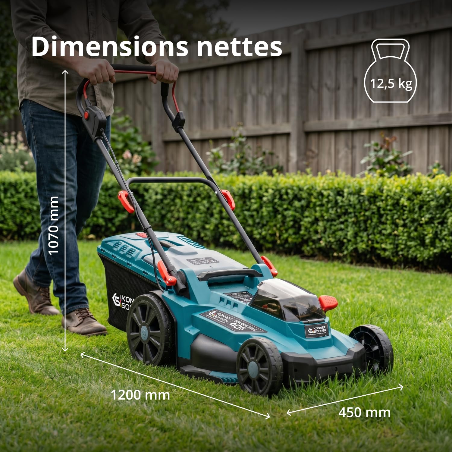 Tondeuse à Batterie KS 43LM-40V, Tension 40 V, Vitesse à Vide 3300 TR/Min, Largeur de Coupe 430 mm, Hauteur de Coupe 25-75 mm, 6 Positions, Panier à Herbe 50 l, Fonction de Mulching
