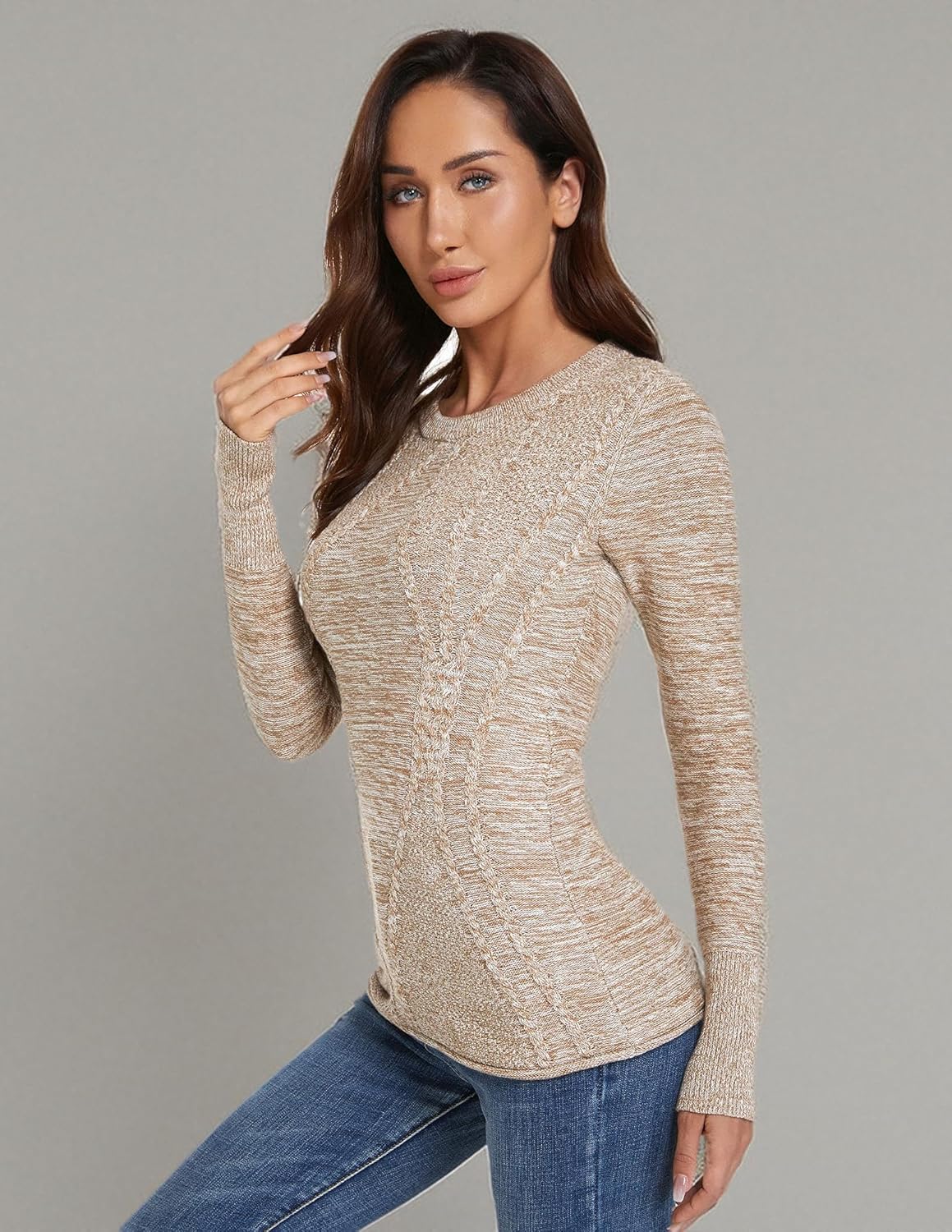 AmélieBoutik Women Cotton Blend Crewneck Long Sleeve Cable Knit Pullover Sweater - Image 5