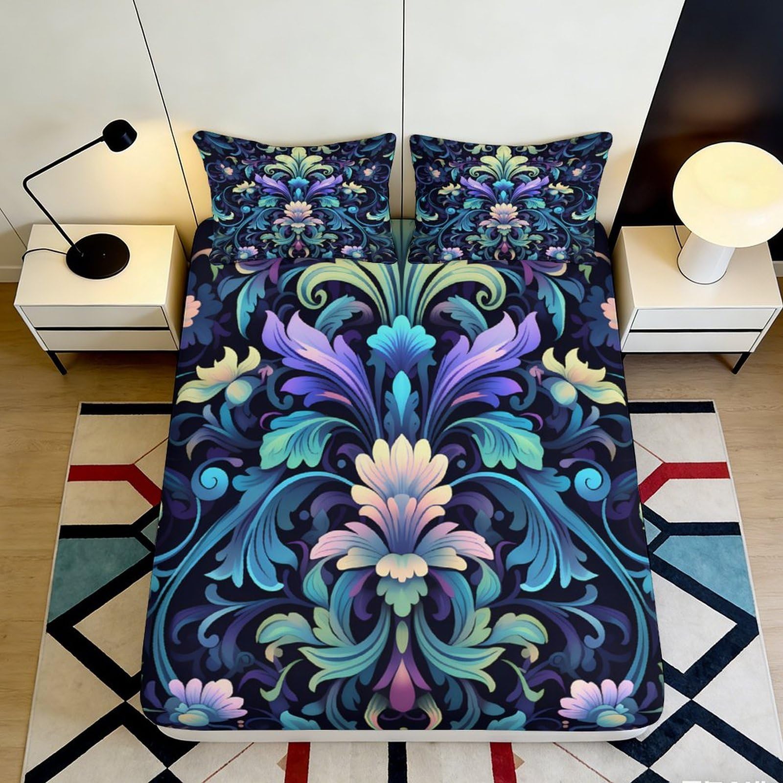 3D Printed Baroque Floral Fitted Sheet Microfiber Soft Artistic Mattress Cover for Bedroom Guestroom Dorm Mattress Protection Decor 90x200x25cm
