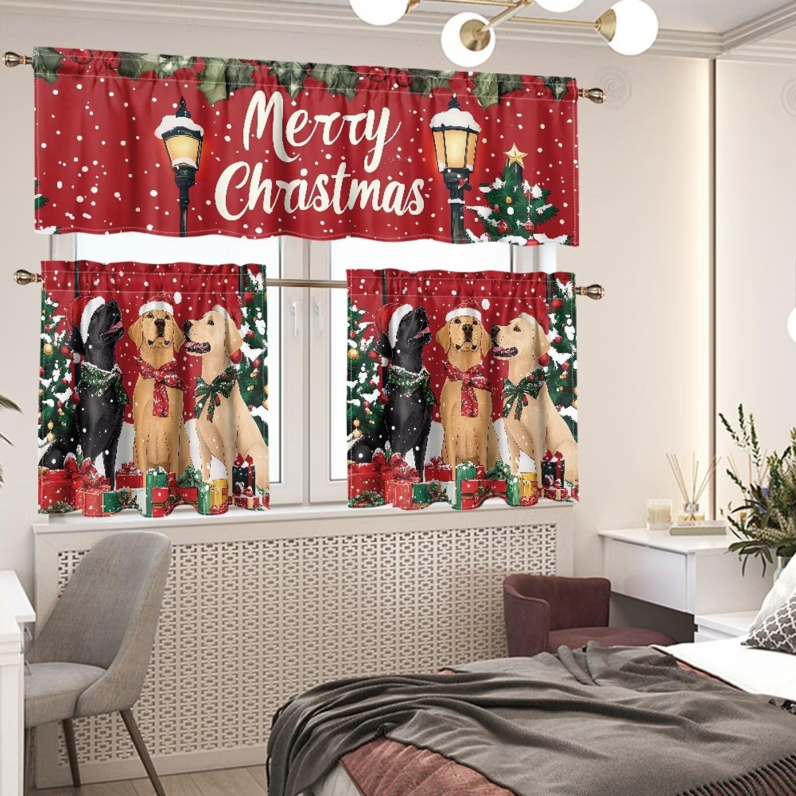 Suhoaziia 3 Pcs Christmas Kitchen Curtains Tiers and Valances Set, Short Rod Pocket Window Curtain for Home Bedroom Bathroom Decor, Kitchen Curtains Sets for Windows, Christmas Dogs Tree Gifts