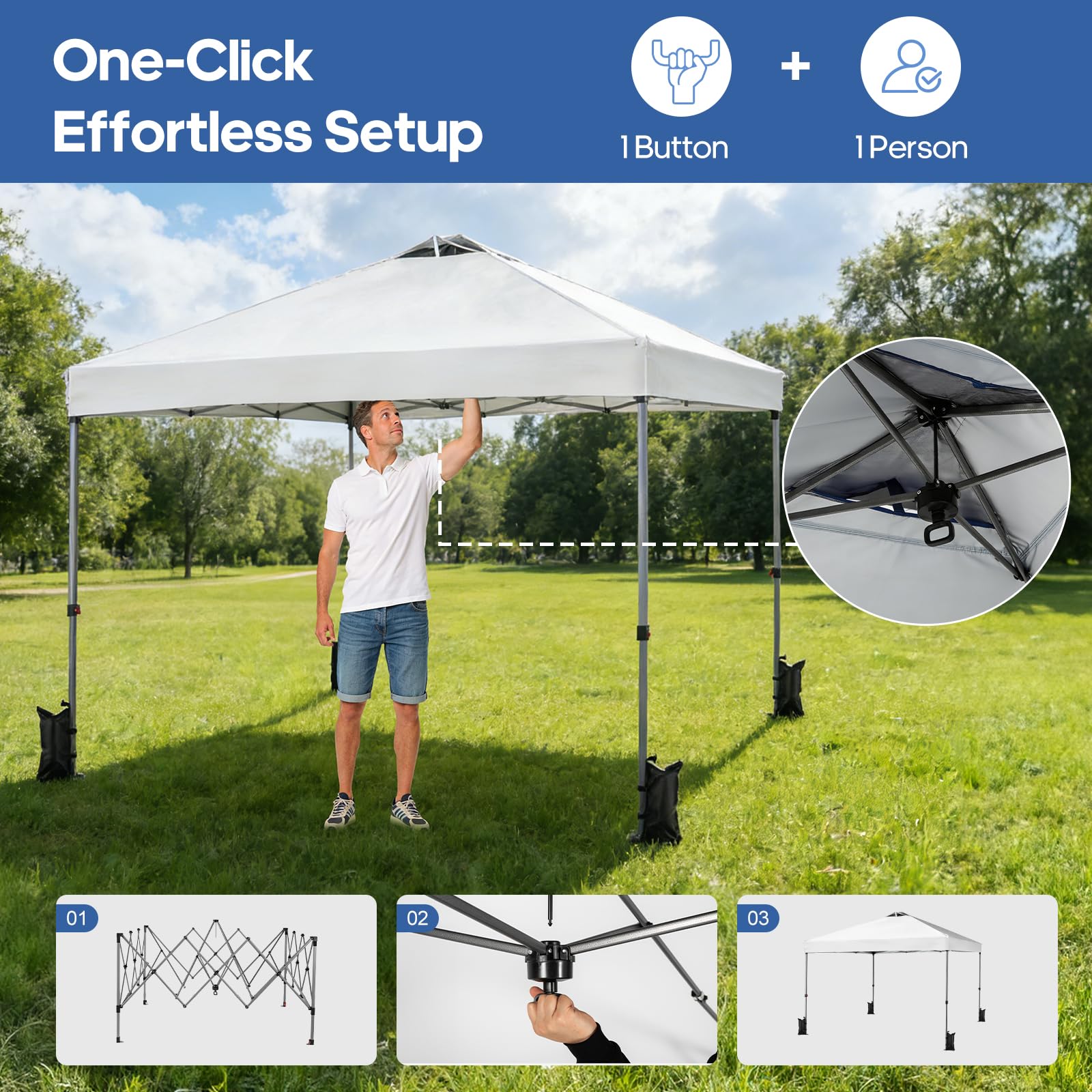10x10 FT Pop Up Canopy, Easy Up Canopy Tent for Outdoor Patio, Backyard Parties Camping & Beach, Heavy Duty Instant Canopies with 1-Button Setup, 3 Adjustable Heights, UPF 50+ & Wheeled Bag — view 2
