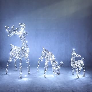 JOIEDOMI Outdoor Christmas Decorations for Yard, 3 Pcs Lighted Christmas Deer Family Set, 185 LED Lights Xmas Yard Decor, 3D Reindeer with Stakes Zip Ties for Lawn Garden Porch Holiday, Cool White