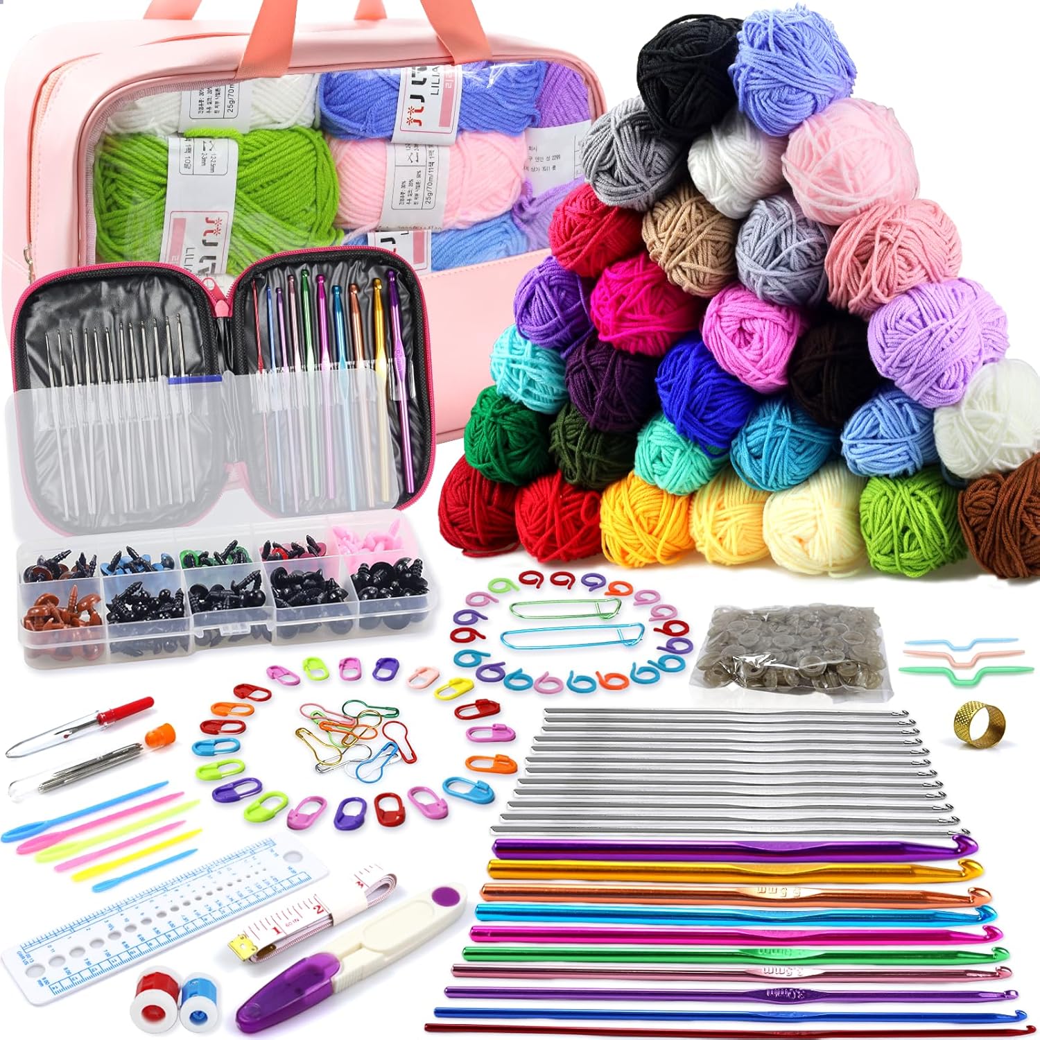 336Pcs Crochet Kit for Beginners, Crochet Kit with 1500 Yards 30 Colors Yarn for Crocheting, Beginner Crochet Kit for Adults Kids, Knitting Crochet Accessories Include 30Pcs Crochet Hooks Crochet Bag Multicolor