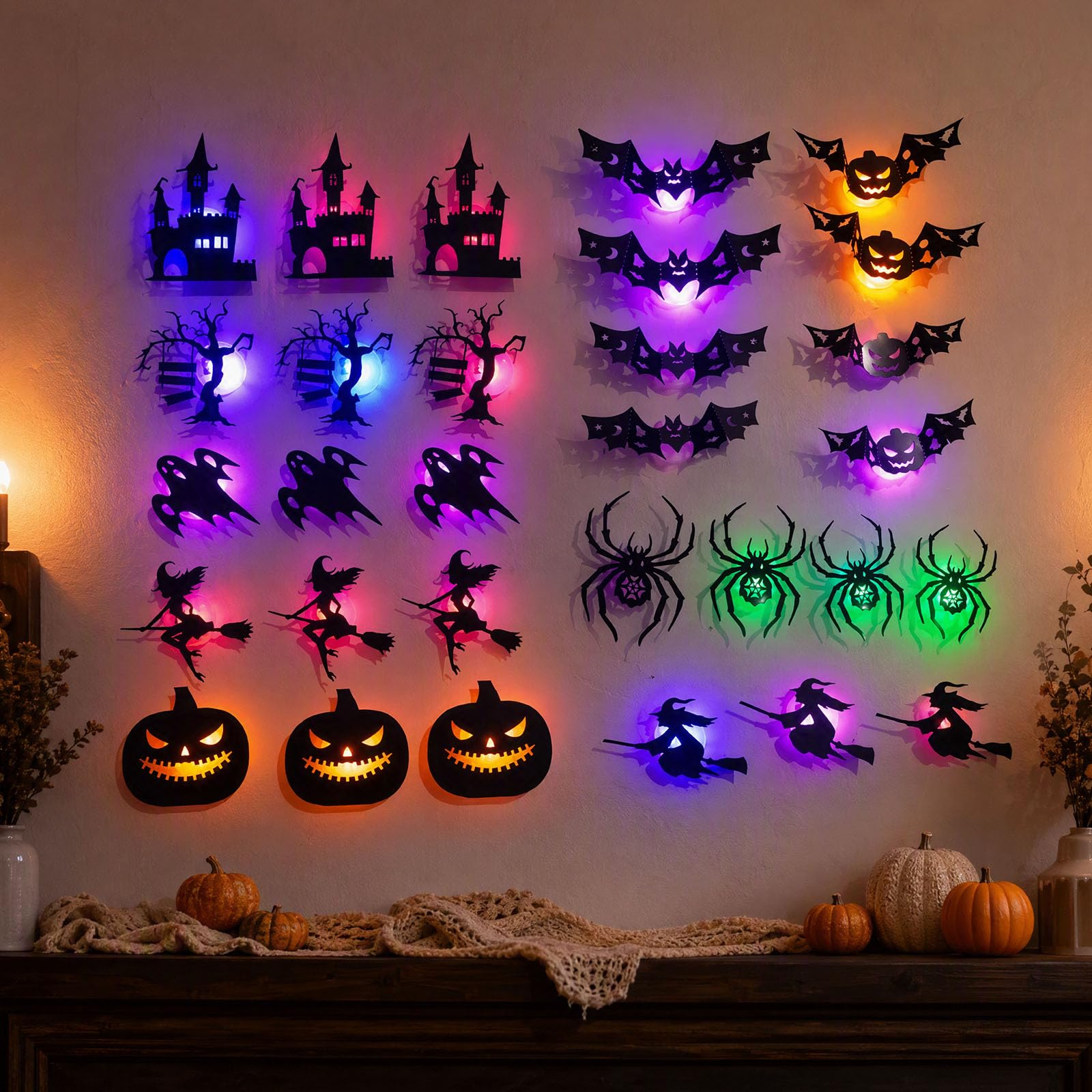 30 Pack Halloween LED Silhouette Wall Light Stickers Decor Set