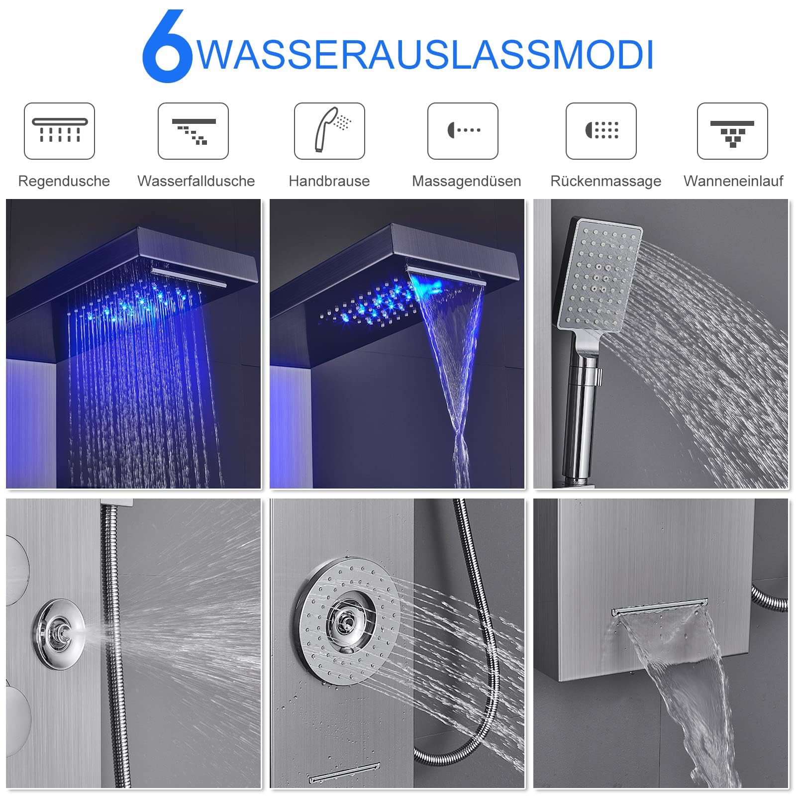 Panel de ducha LED de lluvia cepillado, 5 modos, paneles de ducha de acero inoxidable con chorros de masaje, ducha de lluvia, cascada, bañera, caño para baño, montaje en pared