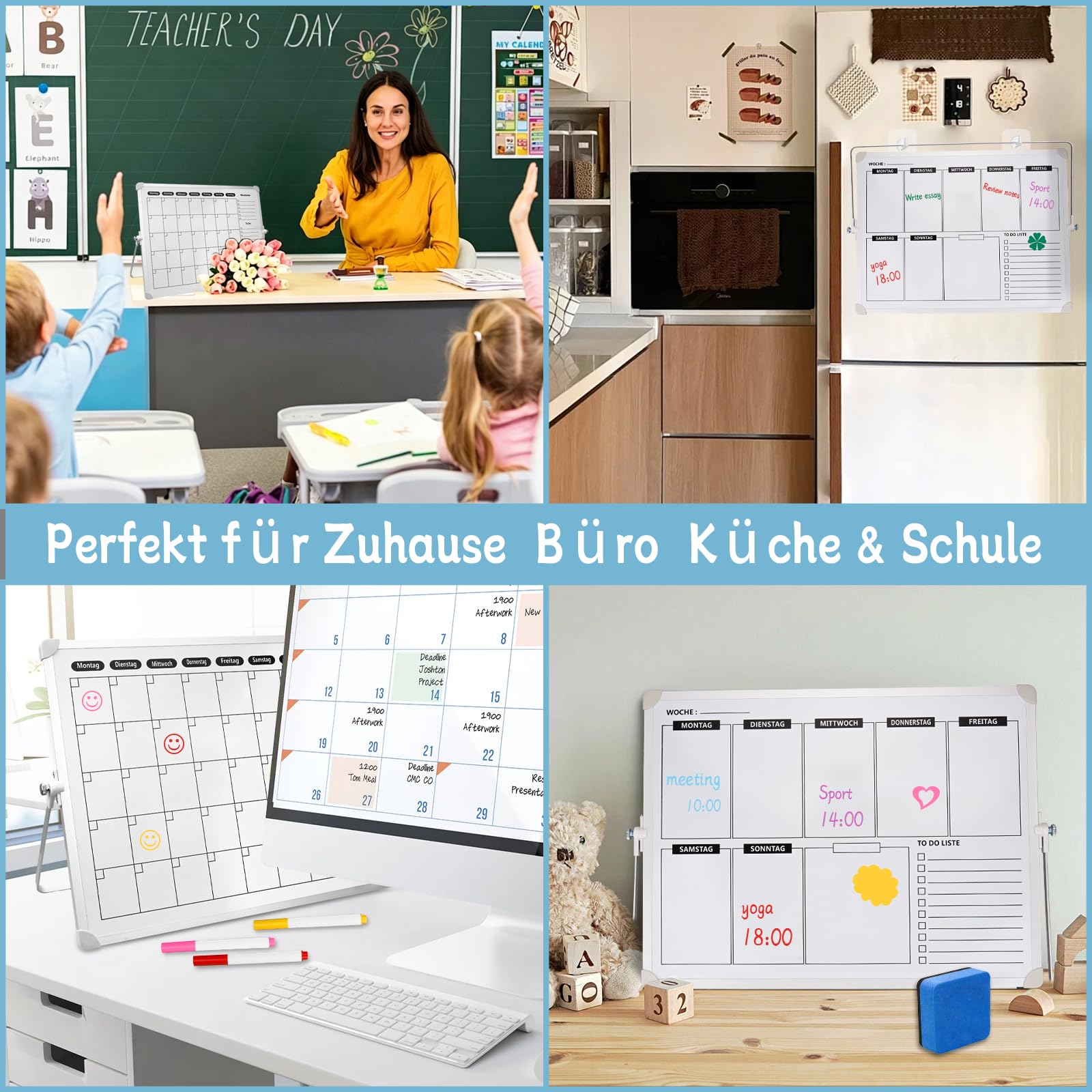 Doppelseitiger Wochen Monatsplaner 30 x 40 cm, Magnetisches Whiteboard Abwischbar mit Tischständer, 12 Markern, Transparenten Magnet-Pins, Radierer und Klebehaken für Küche, Büro Zuhause