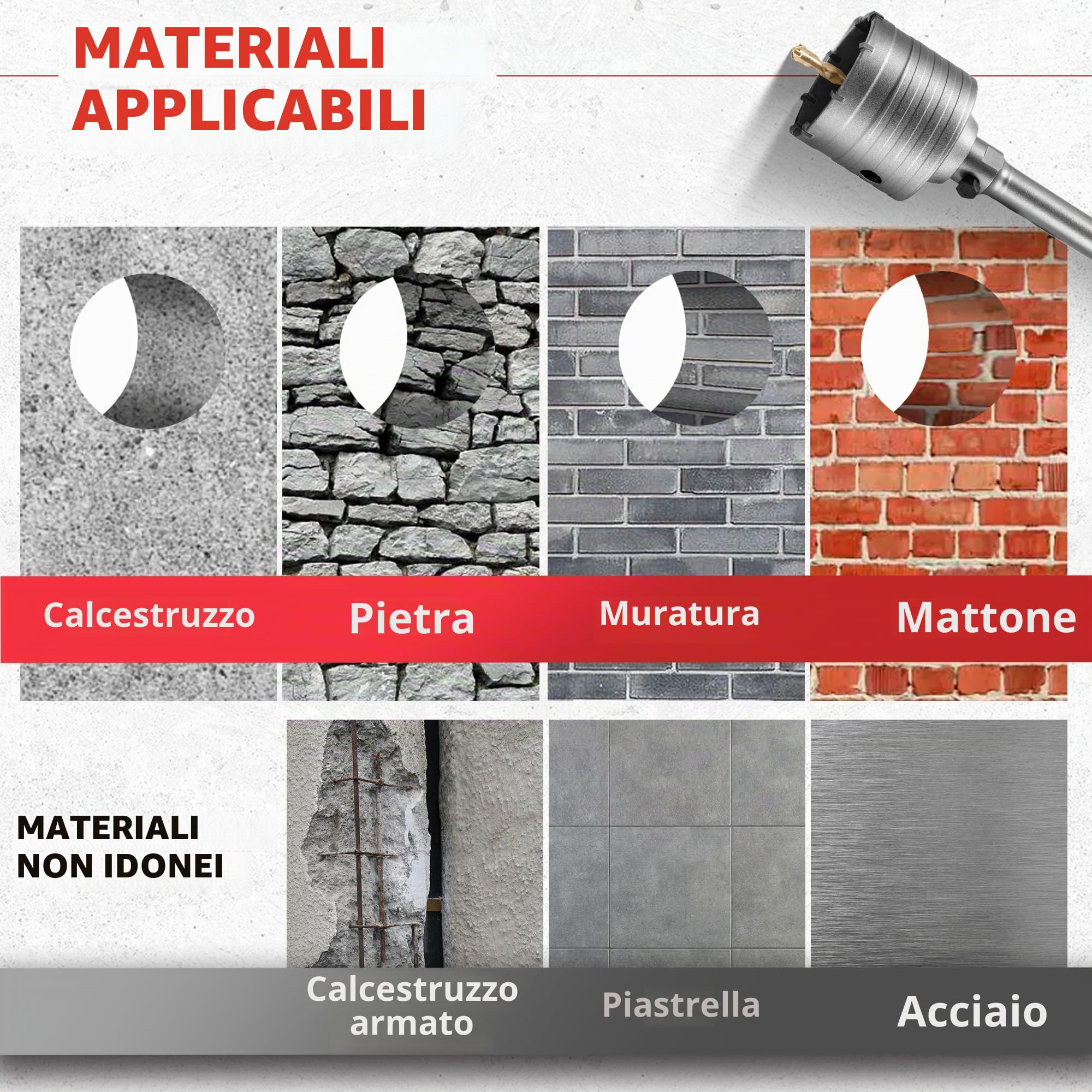 Kit Seghetti a Tazza per Calcestruzzo Set di Trapano a Testa Cava 30/40/68/82/100 mm, con Adattatore SDS Plus & Max e Convertitori Veloci Fresa a Tazza Carotatrice per Pietra Muratura Cemento