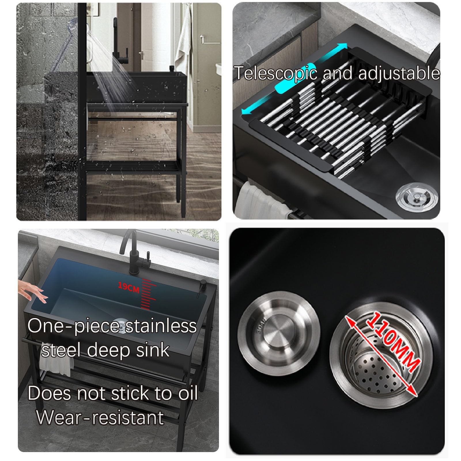 Lavello Cucina Nero Autoportante - 1 Vasca Acciaio Inox, Con Rubinetto E Scolapiatti, Per Interno/esterno - Foto 5